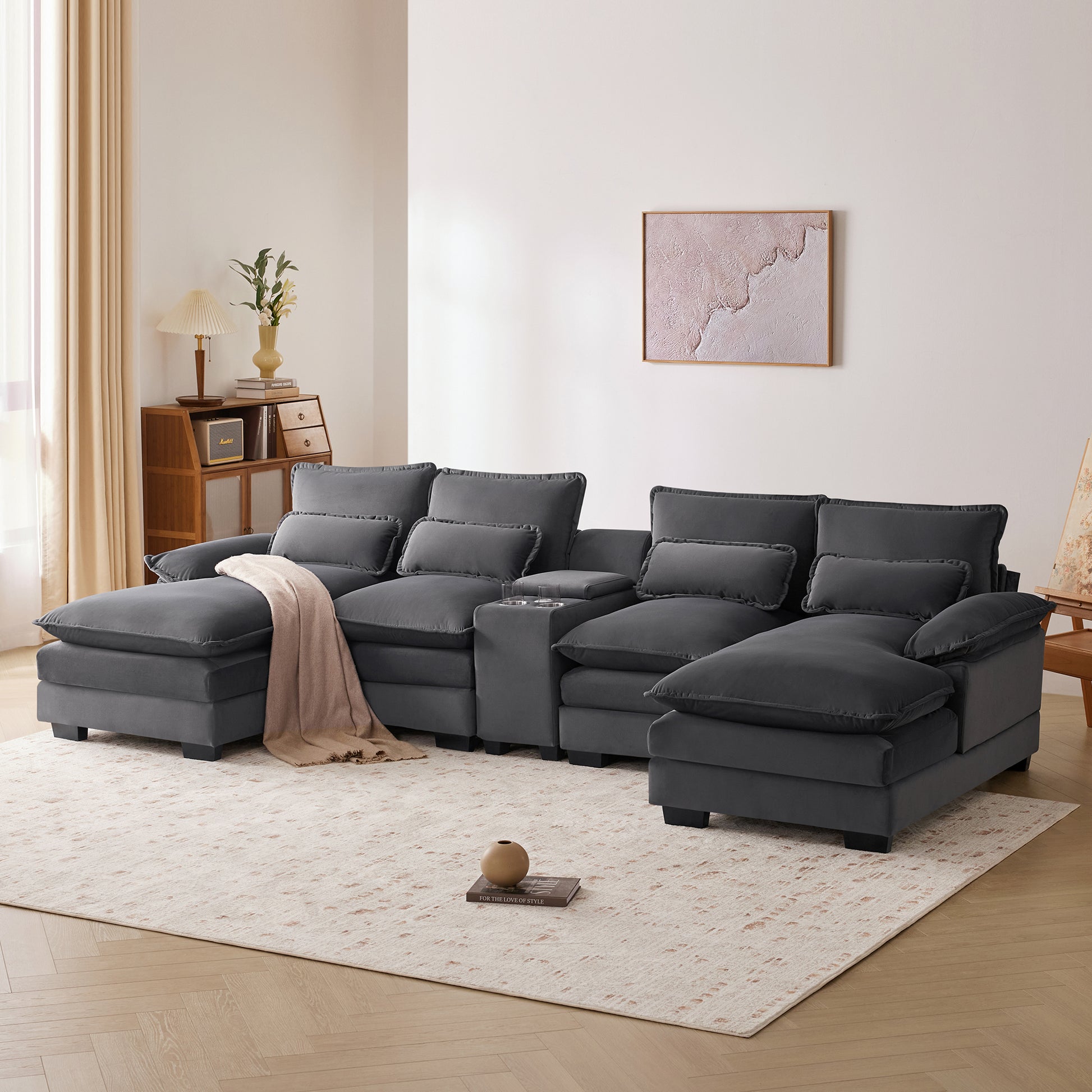 123*55" Modern U Shaped Sofa With Console,Cupholders And Usb Ports,6 Seat Upholstered Symmetrical Indoor Furniture,Sleeper Couch Set With Chaise For Living Room,Apartment,2 Colors Gray Velvet 6 Seat