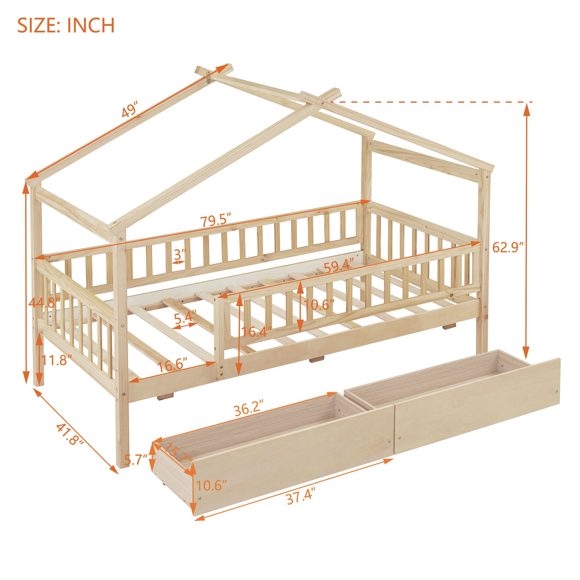 Twin Size Wooden House Bed With Two Drawers, Natural Box Spring Not Required Twin Natural Wood Bedroom Pine Bed Frame Wood