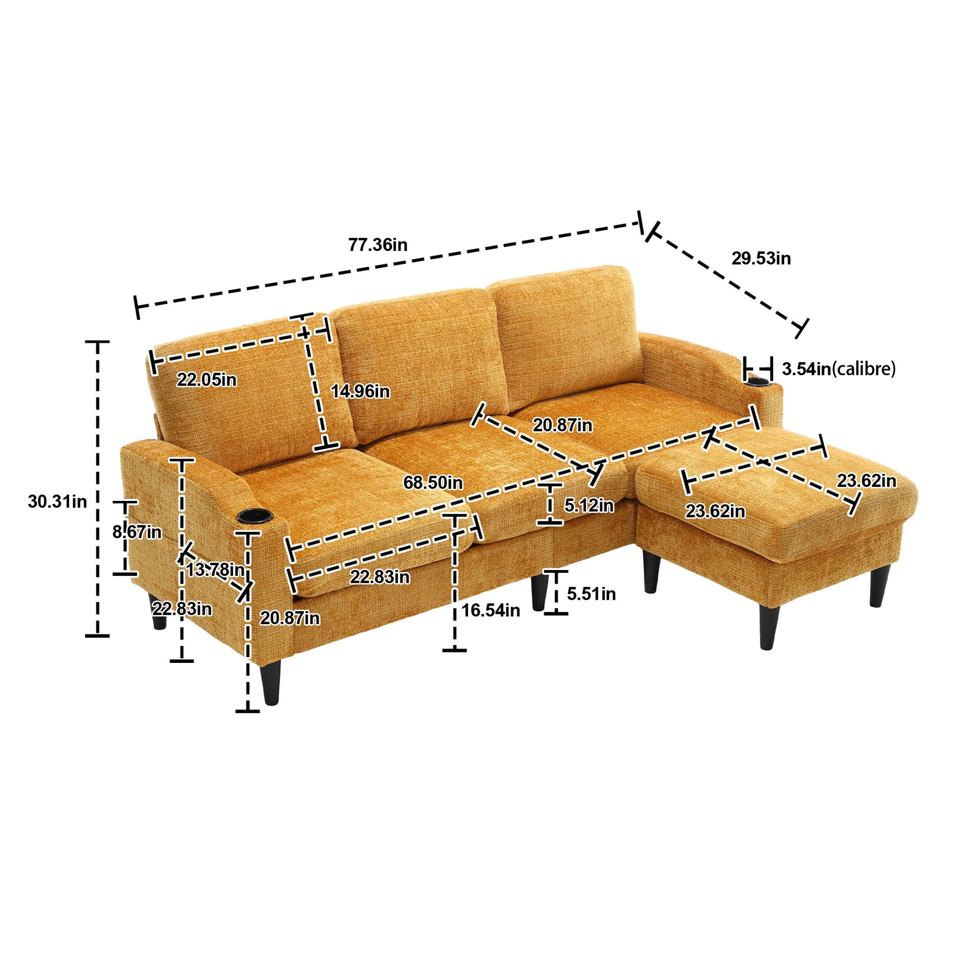 United Storage Sofa Living Room Sofa Cozy Sectional Sofa Yellow Polyester 3 Seat