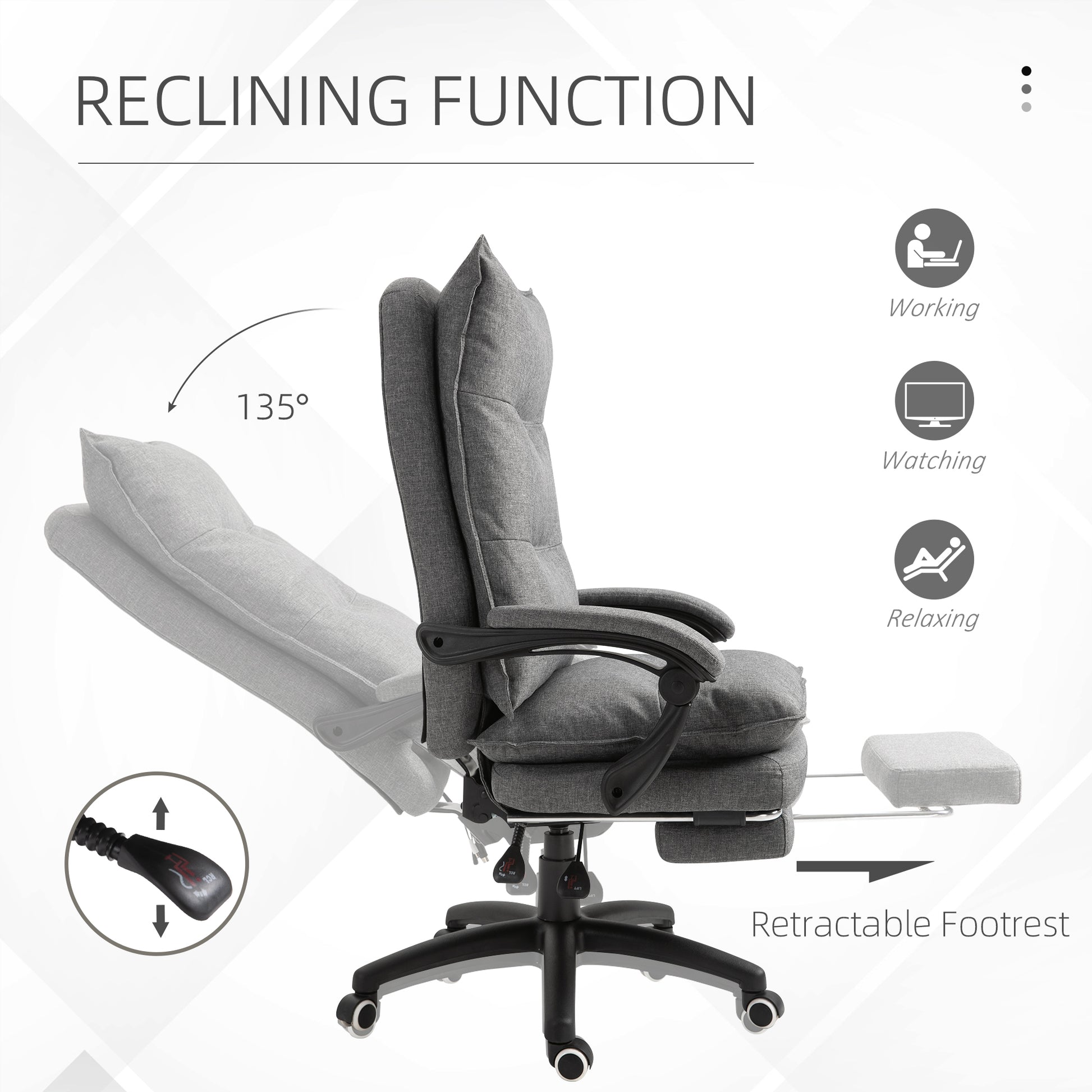 Vinsetto 360 Swivel Executive Home Office Chair Adjustable Height Linen Style Fabric Recliner With Retractable Footrest And Double Padding, Grey Gray Fabric