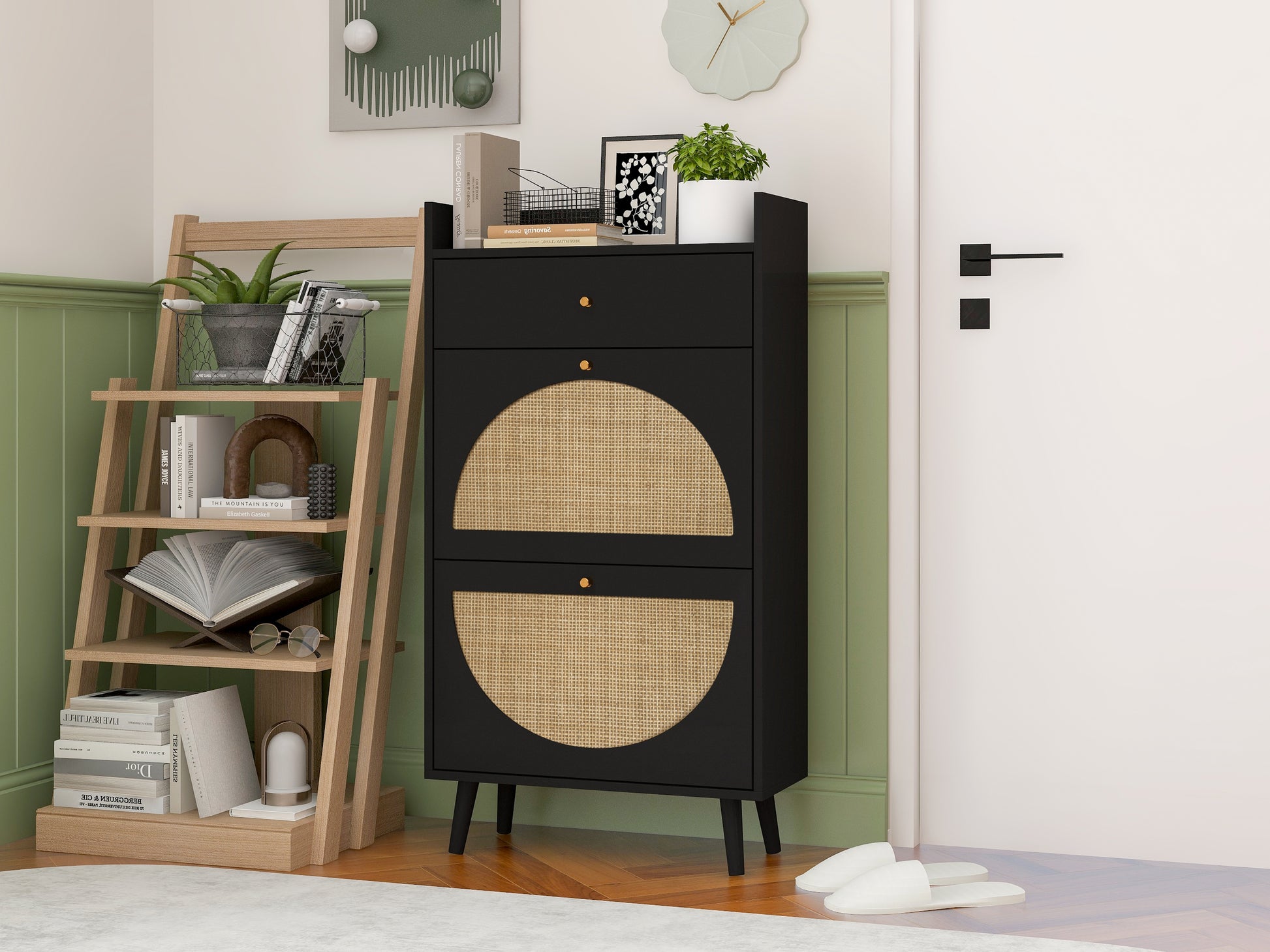 Rattan, Allen 2 Door 1 Drawer Cabinet, Shoe Rack, Double Layer, Suitable For Entrance Black Particle Board