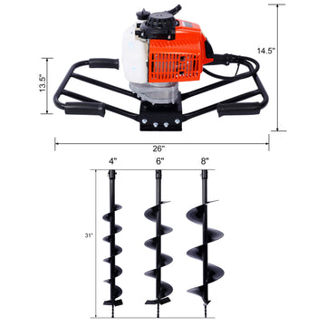 2.7Hp Post Hole Digger 63Cc Two Person Handle Gas Powered 2 Stroke Auger Digging Drill Shaft Size 3 4" Machine Only Epa Complaint With L4" L6" L8" Drill Bits Black Steel