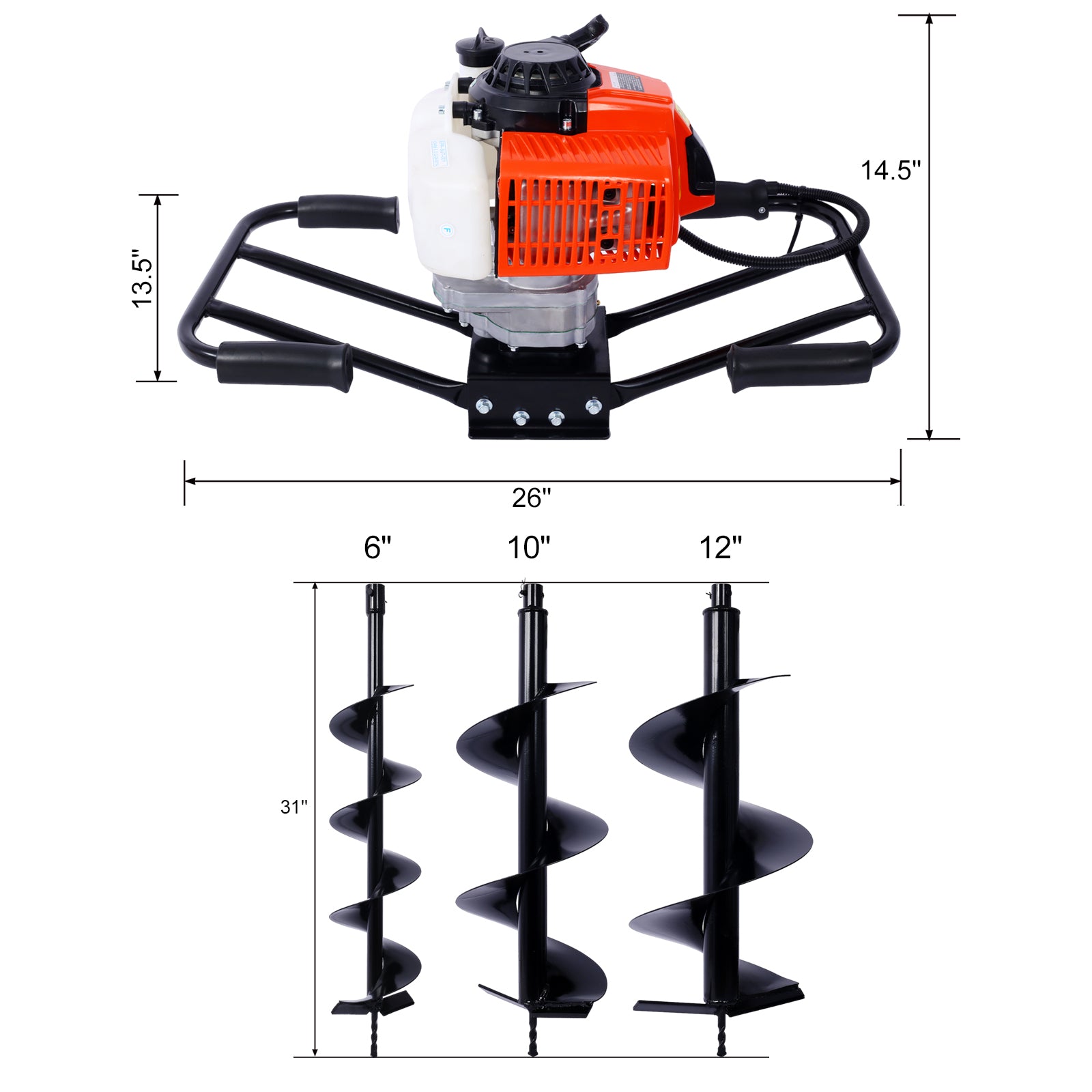 2.7Hp Post Hole Digger 63Cc Two Person Handle Gas Powered 2 Stroke Auger Digging Drill Shaft Size 3 4" Machine Only Epa Complaint With L6" L10" L12" Drill Bits Black Steel