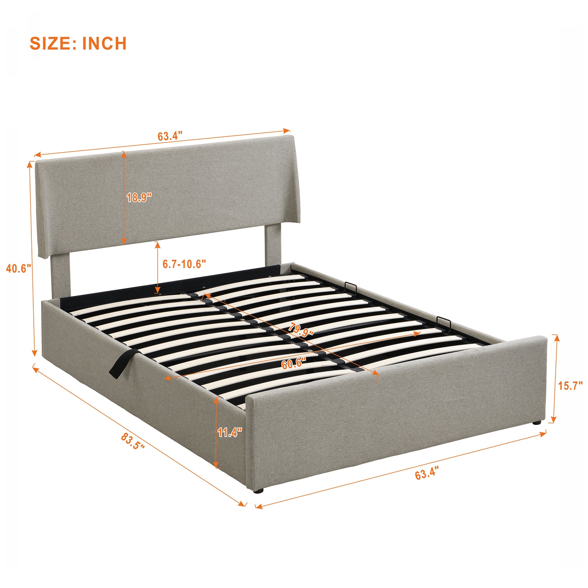 Queen Size Sleigh Bed With Side Tilt Hydraulic Storage System, Linen Upholstery, Gray Gray Linen