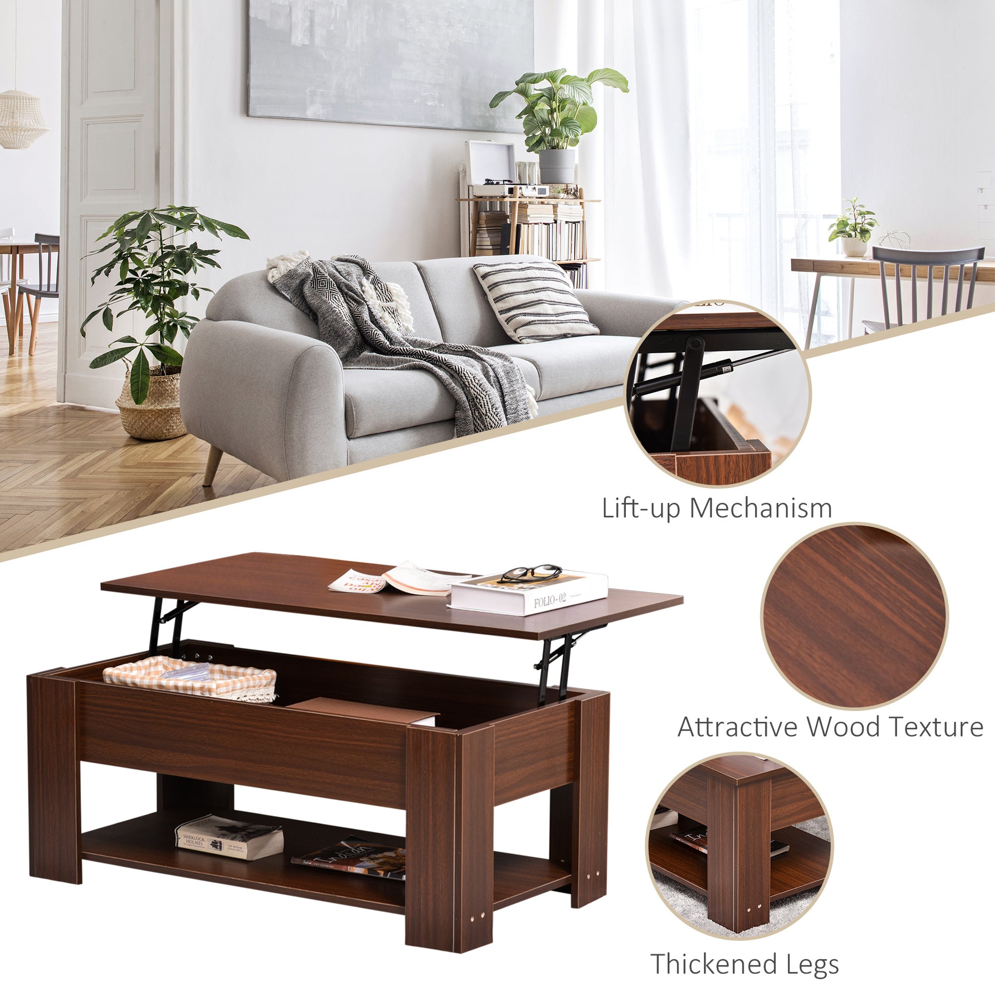 Homcom 39" Lift Top Coffee Table With Hidden Storage Compartment And Open Shelf, Pop Up Coffee Table For Living Room, Brown Brown Particle Board
