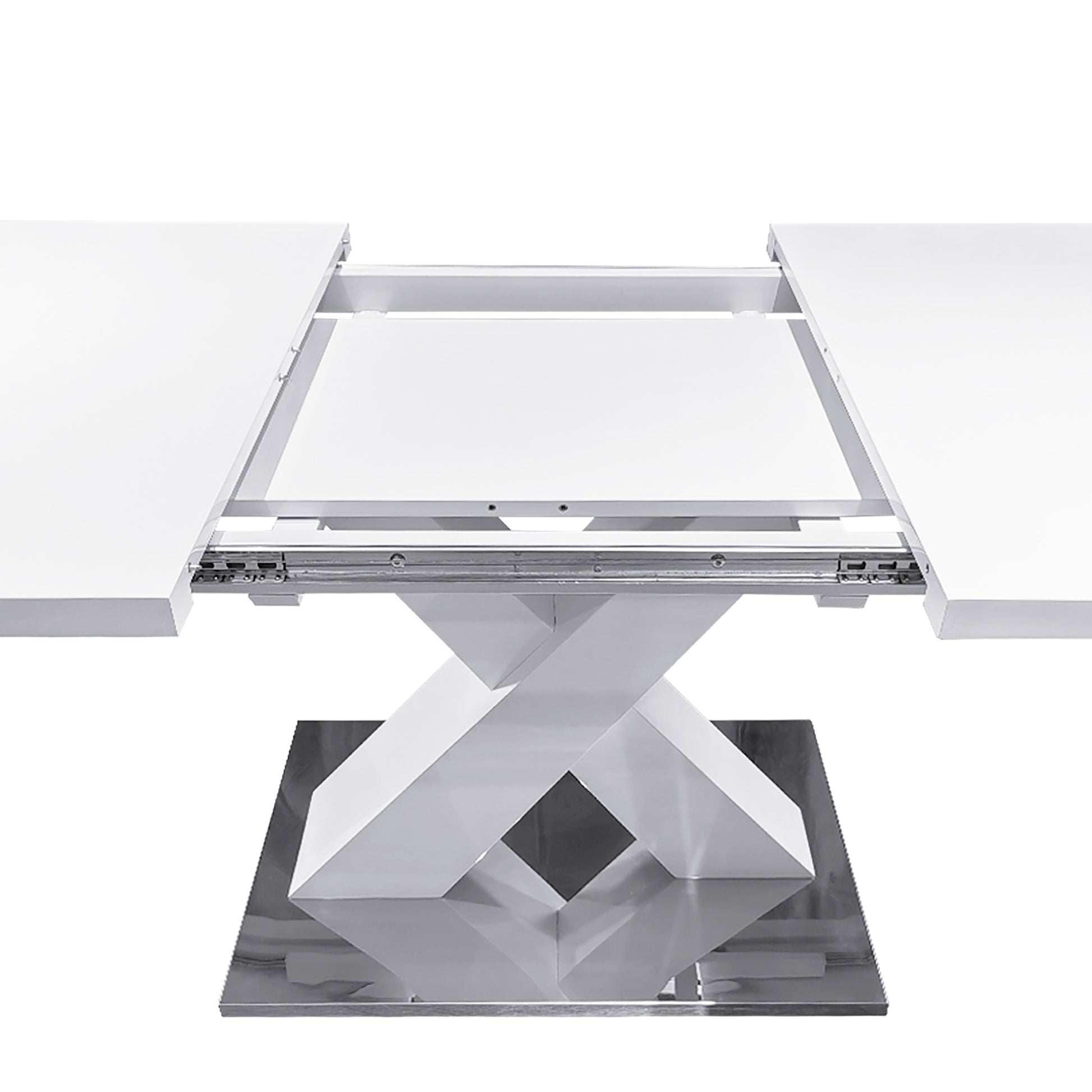 Modern Square Dining Table, Stretchable, White Table Top Mdf X Shape Table Leg With Metal Base White Coffee & End Tables Mdf Steel