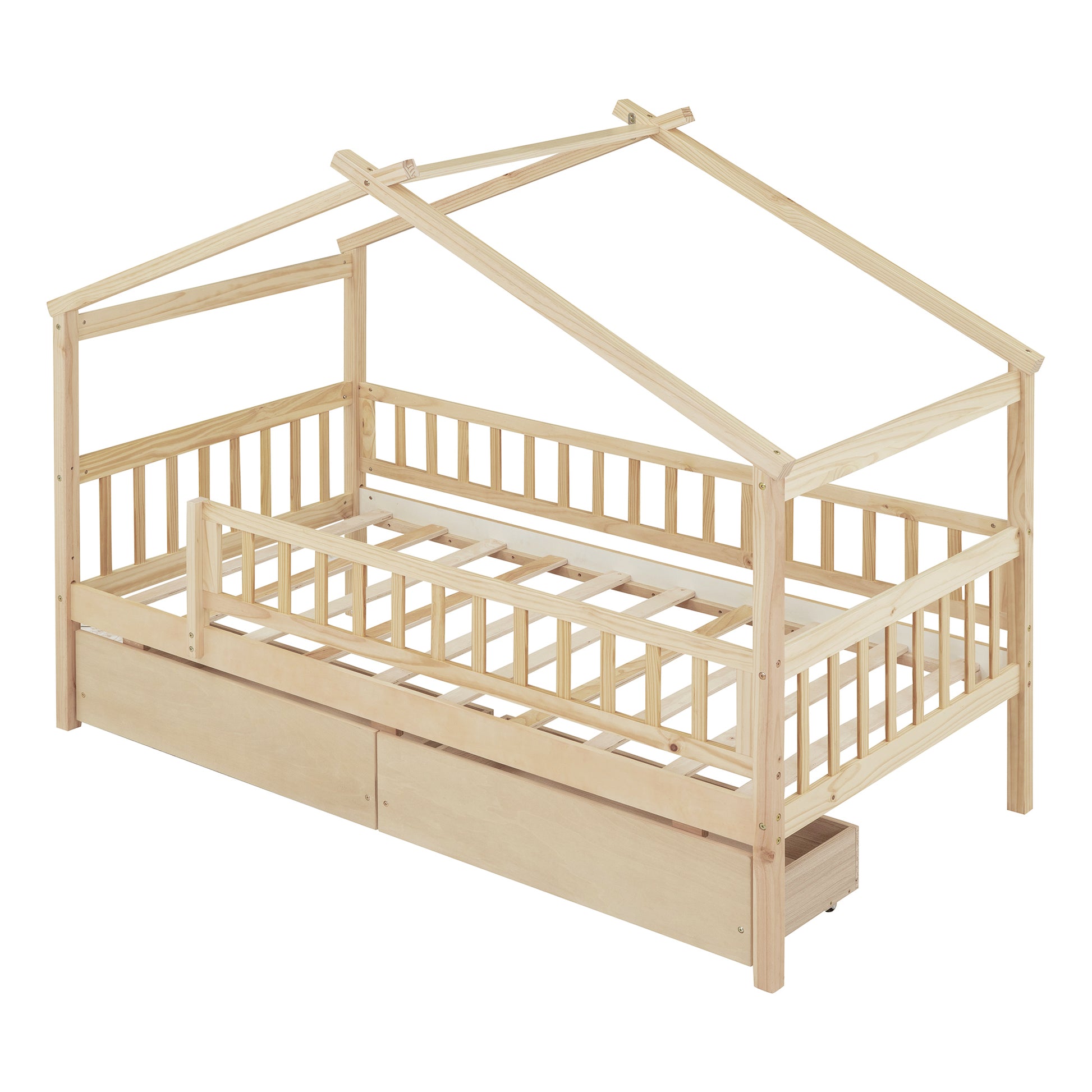 Twin Size Wooden House Bed With Two Drawers, Natural Box Spring Not Required Twin Natural Wood Bedroom Pine Bed Frame Wood