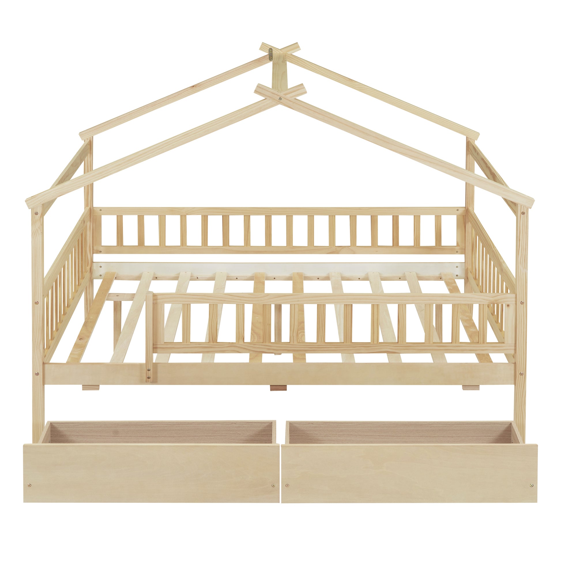Full Size Wooden House Bed With Two Drawers, Natural Box Spring Not Required Full Natural Wood Bedroom Pine Bed Frame Wood