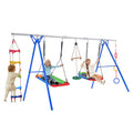 5 In 1 Outdoor Toddler Swing Set For Backyard, Playground Swing Sets With Steel Frame, Multifunction Playsets For Kids With Climbing Ladder, Saucer Swing, Monkey Bar Swing, Disc Swing And Swing Ring Blue Metal