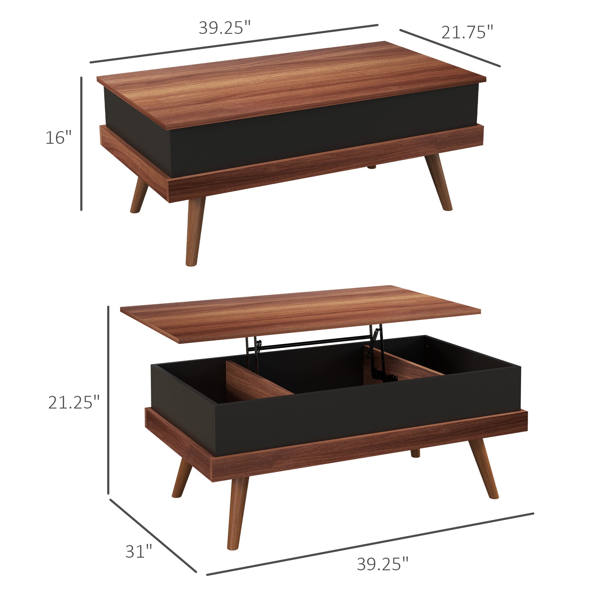 Homcom Lift Top Coffee Table, 39.25" Coffee Table With Hidden Compartments And Wood Legs, Walnut Natural Particle Board