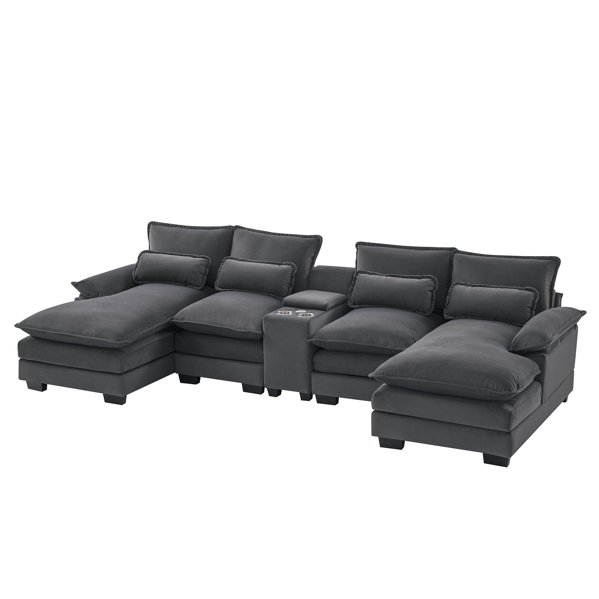 123*55" Modern U Shaped Sofa With Console,Cupholders And Usb Ports,6 Seat Upholstered Symmetrical Indoor Furniture,Sleeper Couch Set With Chaise For Living Room,Apartment,2 Colors Gray Velvet 6 Seat