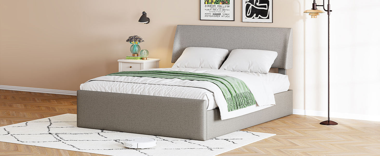 Full Size Sleigh Bed With Side Tilt Hydraulic Storage System, Linen Upholstery, Gray Gray Linen