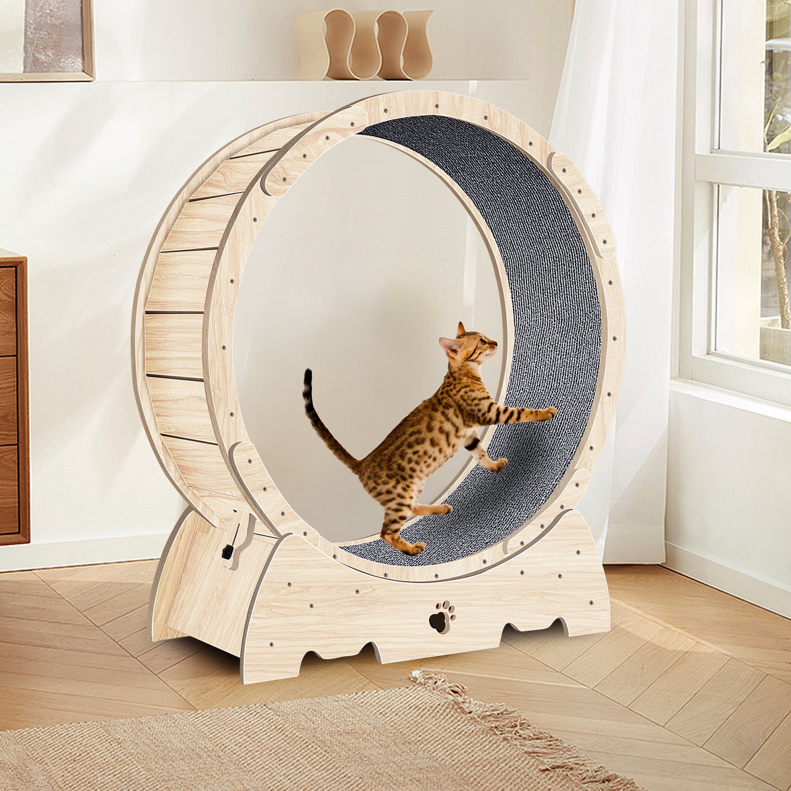 Cat Exercise Wheel For Indoor Cats, Cat Running Wheel With Carpeted Runway, Cat Sport Treadmill Wheel For Kitty'S Longer Life, Fitness Weight Loss Device, 37" Natural Wood Color Natural Wood Wood