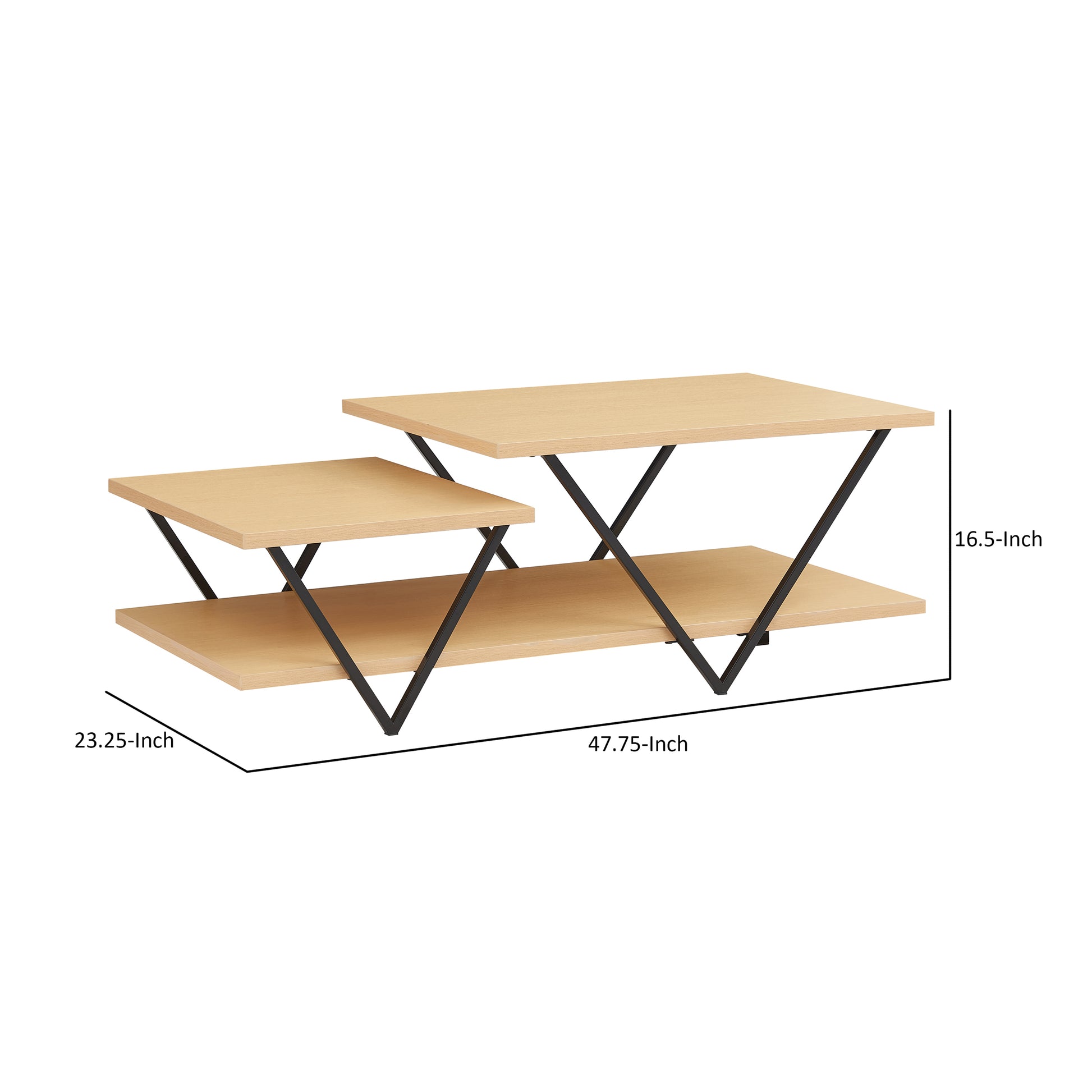 48 Inch 2 Tier Top Coffee Table With Bottom Shelf, V Shape Black Metal Legs, Light Maple Wood Black Brown Metal & Wood