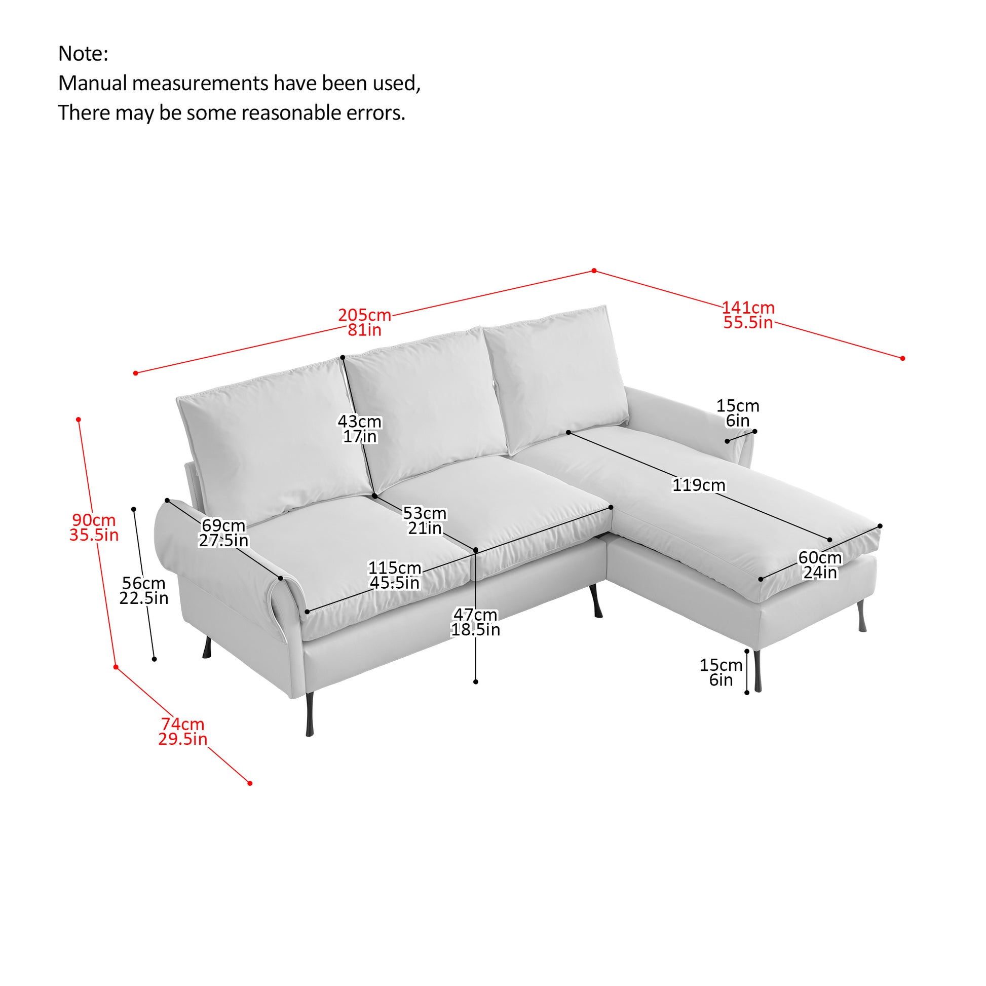 81"Modern Sectional Technical Leather L Shaped Sofa Couch With Reversible Chaise Lounge Dark Grey Modern Foam Technical Leather