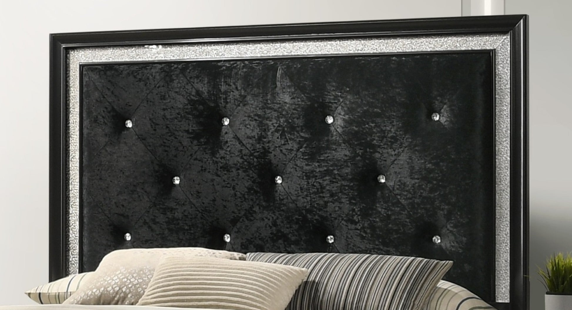 Modern Glam Style Black Finish Upholstered 1Pc King Size Panel Bed Diamond Patterned Faux Crystal Button Tufted Solid Wood Wooden Bedroom Furniture Black Solid Wood