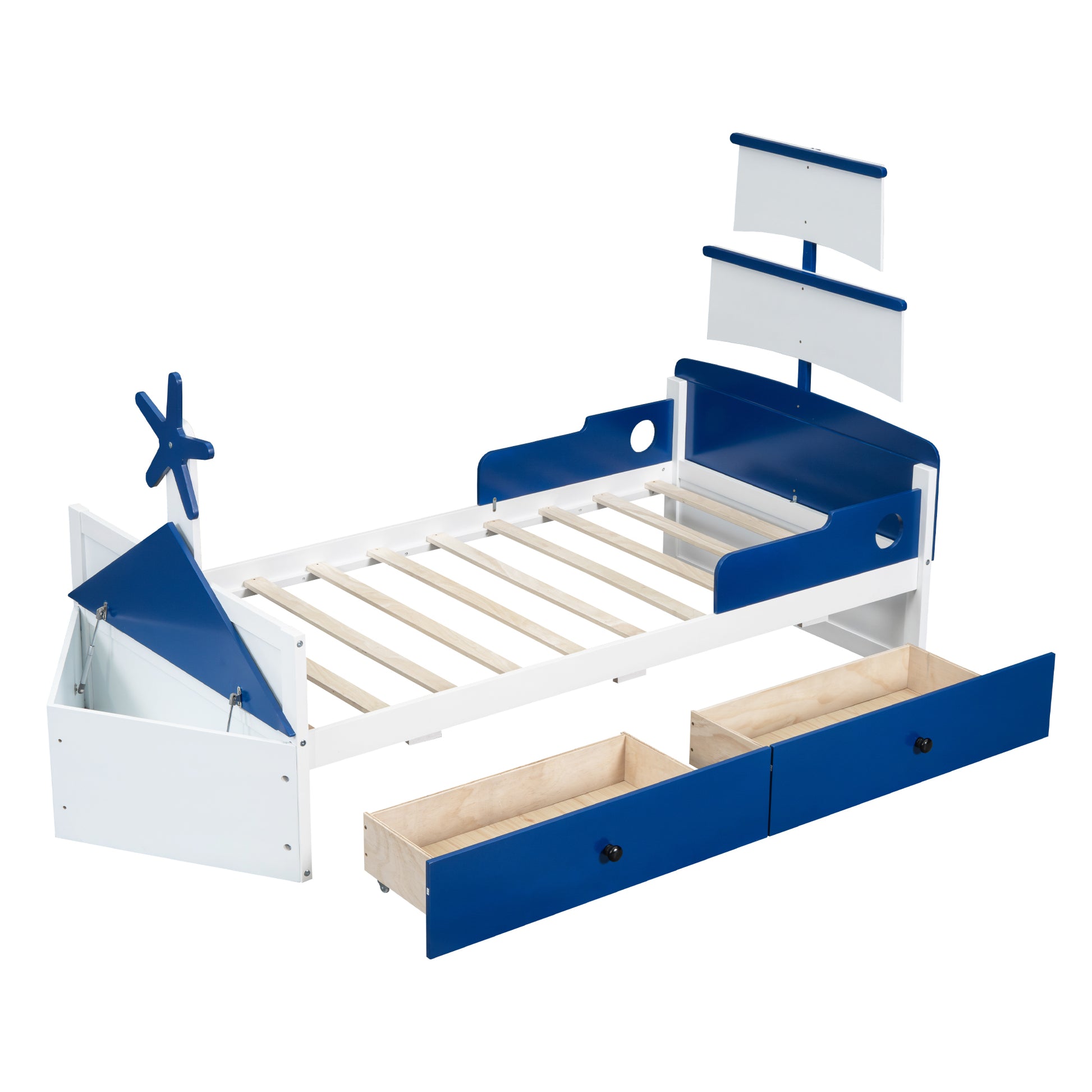 Twin Size Boat Shaped Platform Bed With 2 Drawers ,Twin Bed With Storage For Bedroom,Blue Blue Wood