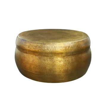 32 Inch Artisanal Round Drum Coffee Table, Hammered Embossed Texturing, Aluminum, Antique Brass Antique Brass Metal