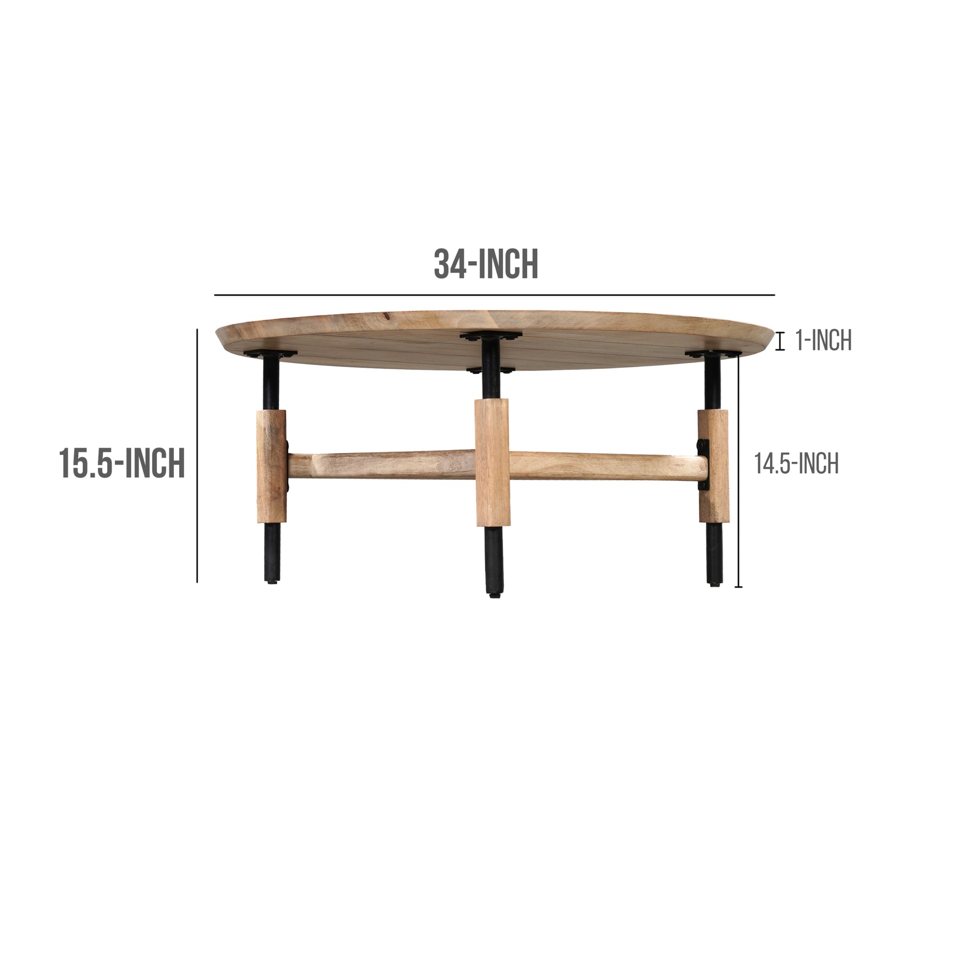 34 Inch Round Coffee Table, Handcrafted Natural Brown Mango Wood With Black Iron Legs Black Brown Metal & Wood