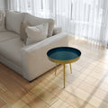 Enid 19 Inch Side End Table, Iron Brass Plating, Enamel Blue Top, Modern Sleek Angled Legs Blue Iron