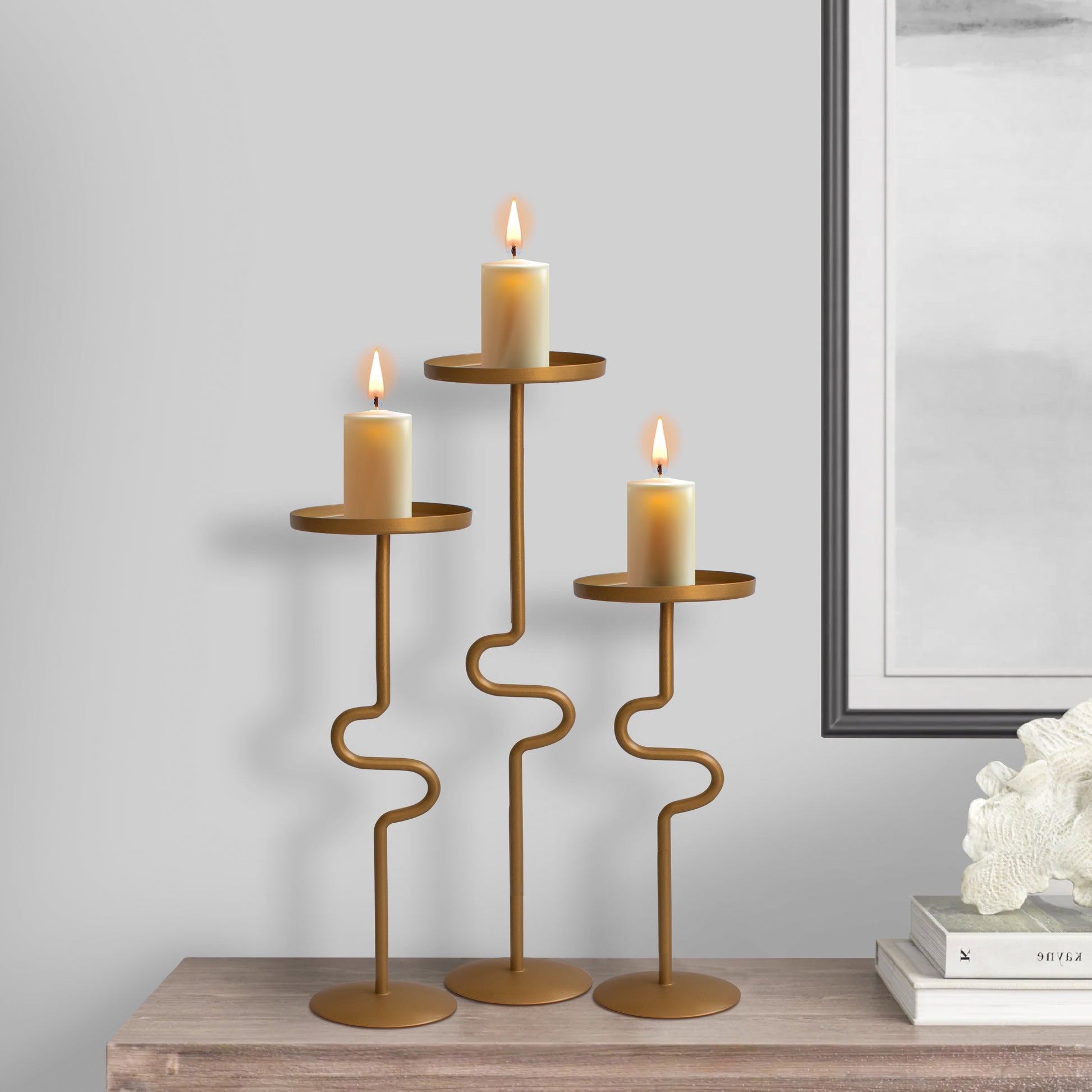 Set Of 3 Handcrafted Vintage Candleholder, S Shaped Stands, Matte Gold Brass Gold Matte Black Iron