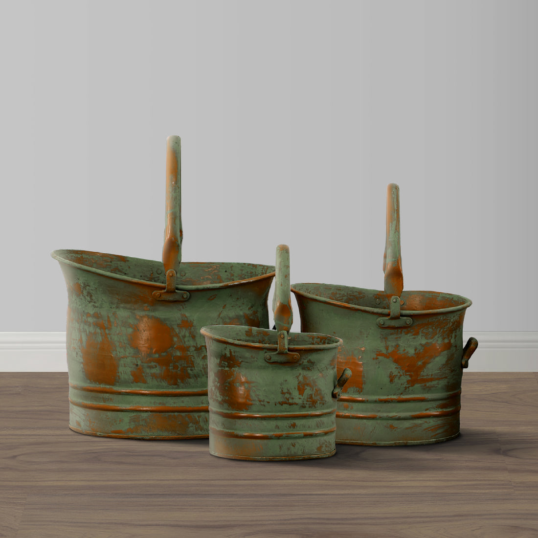 Tinged Metal Bucket Planter With Handles, Patina Rust Finish, Green, Set Of 3 Green Metal