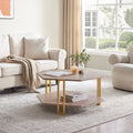 36 Inch Hexagonal Modern Coffee Table, Wood Top And Shelf, Gold Metal Legs Brown Gold Particle Board