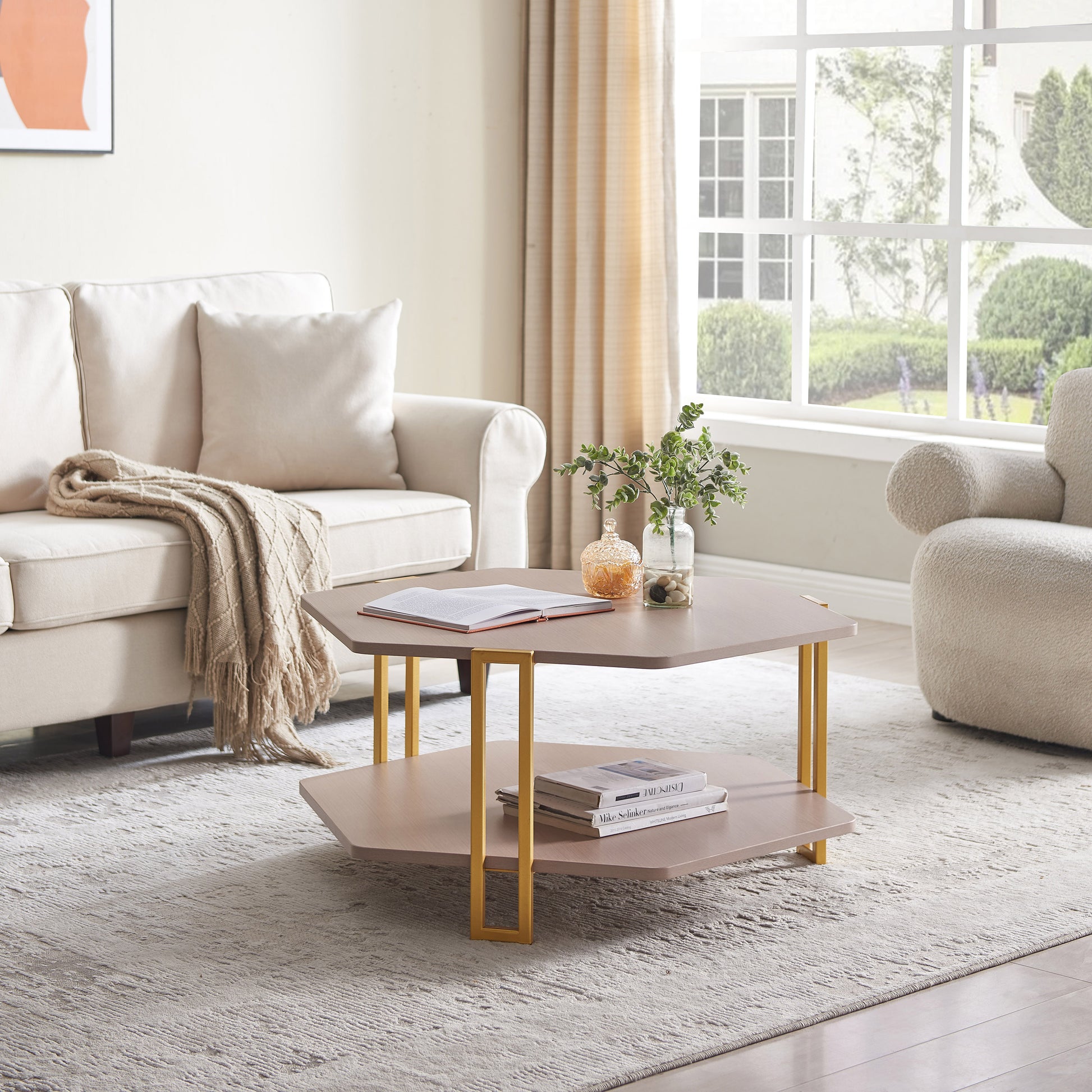 36 Inch Hexagonal Modern Coffee Table, Wood Top And Shelf, Gold Metal Legs Brown Gold Particle Board