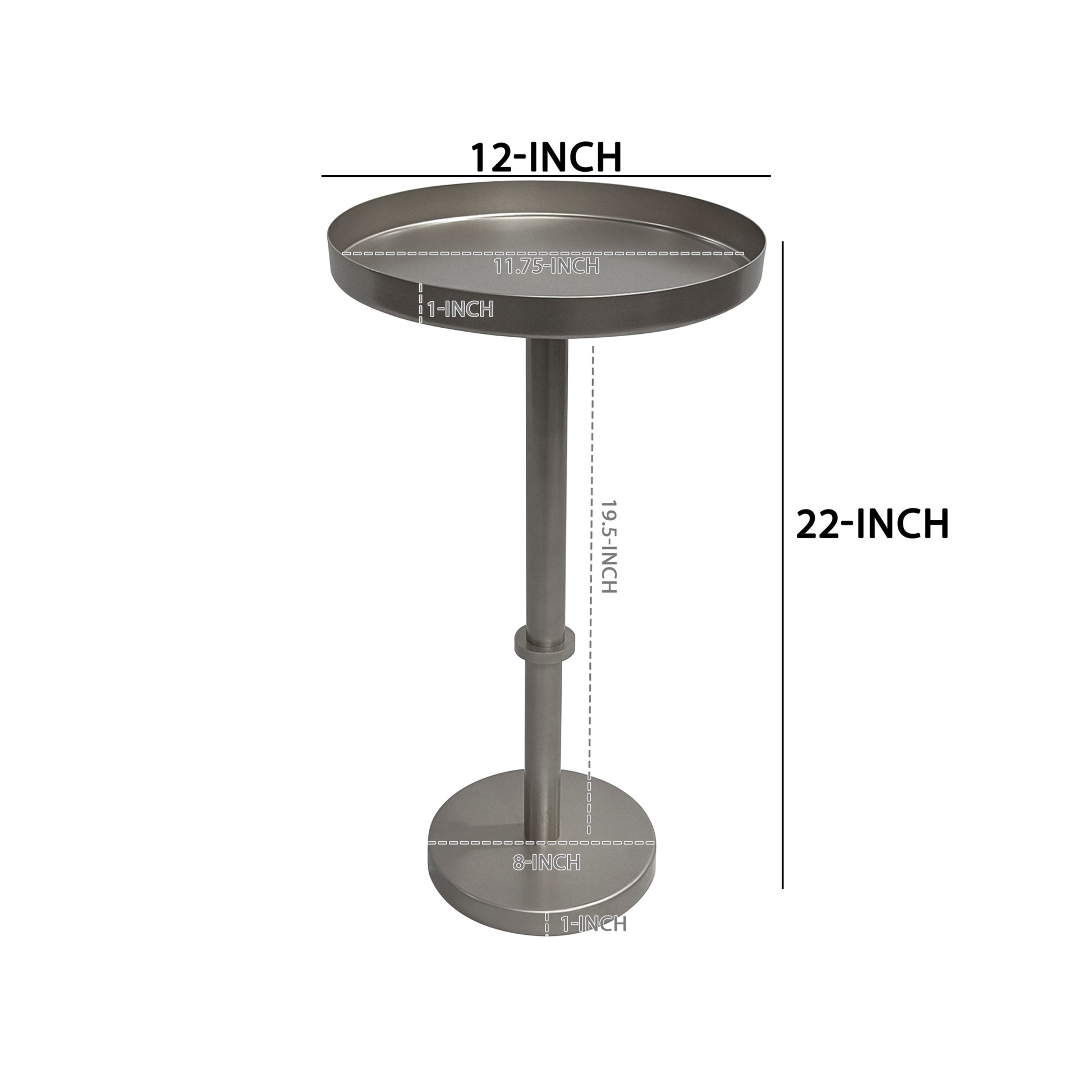 Ara 12 Inch Side End Table, Vintage Sleek Pillar Base, Round Tray Top, Matte Nickel Finish Antique Silver Iron