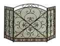 Traditional 3 Panel Metal Fire Screen With Filigree Design, Bronze, Black Black Multi Metal