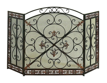 Traditional 3 Panel Metal Fire Screen With Filigree Design, Bronze, Black Black Multi Metal