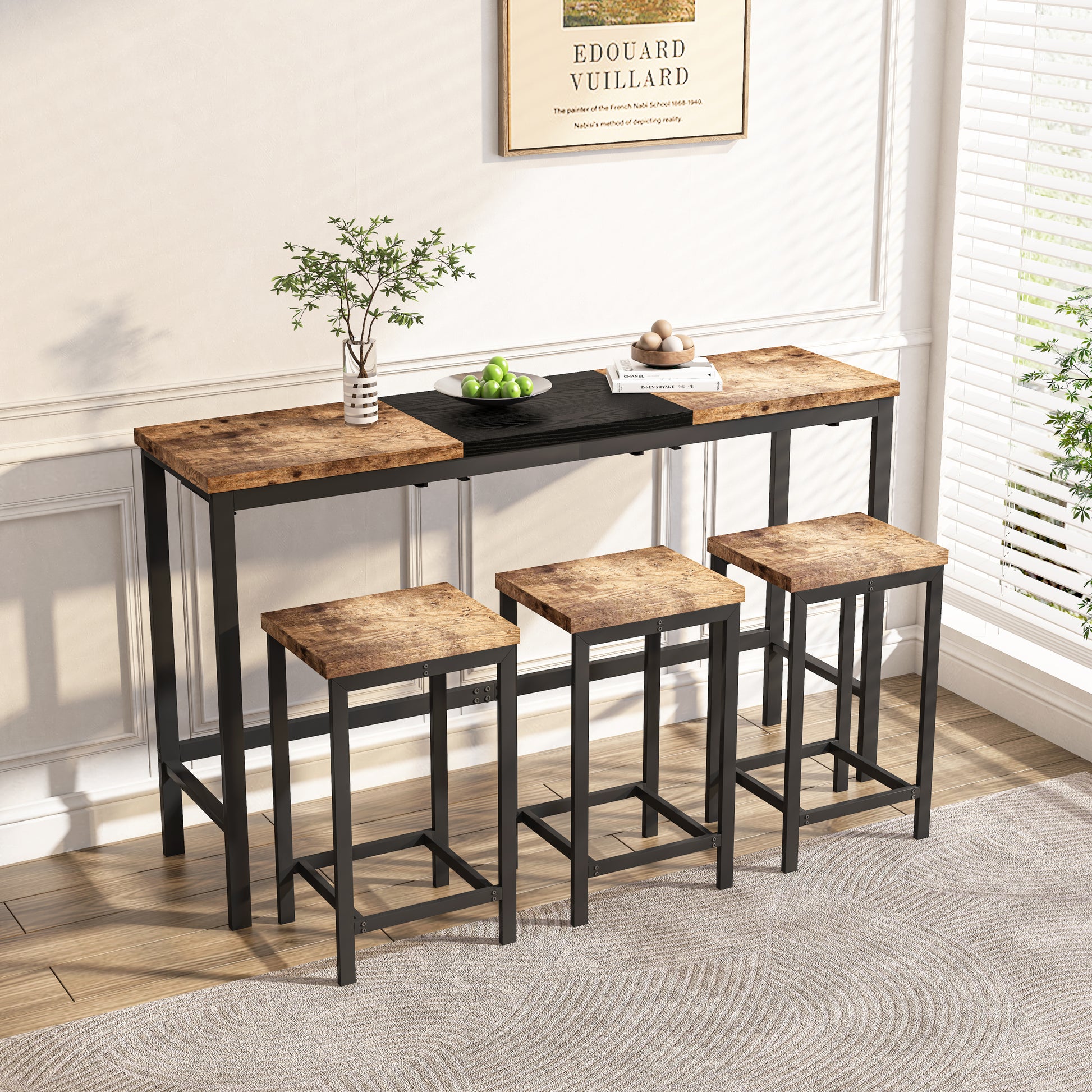 Modern Design Kitchen Dining Table, Pub Table, Long Dining Table Set With 3 Stools, Convenient Hanging Stool Design, Natural Black Natural Black Desk And Chair Set Mdf Metal