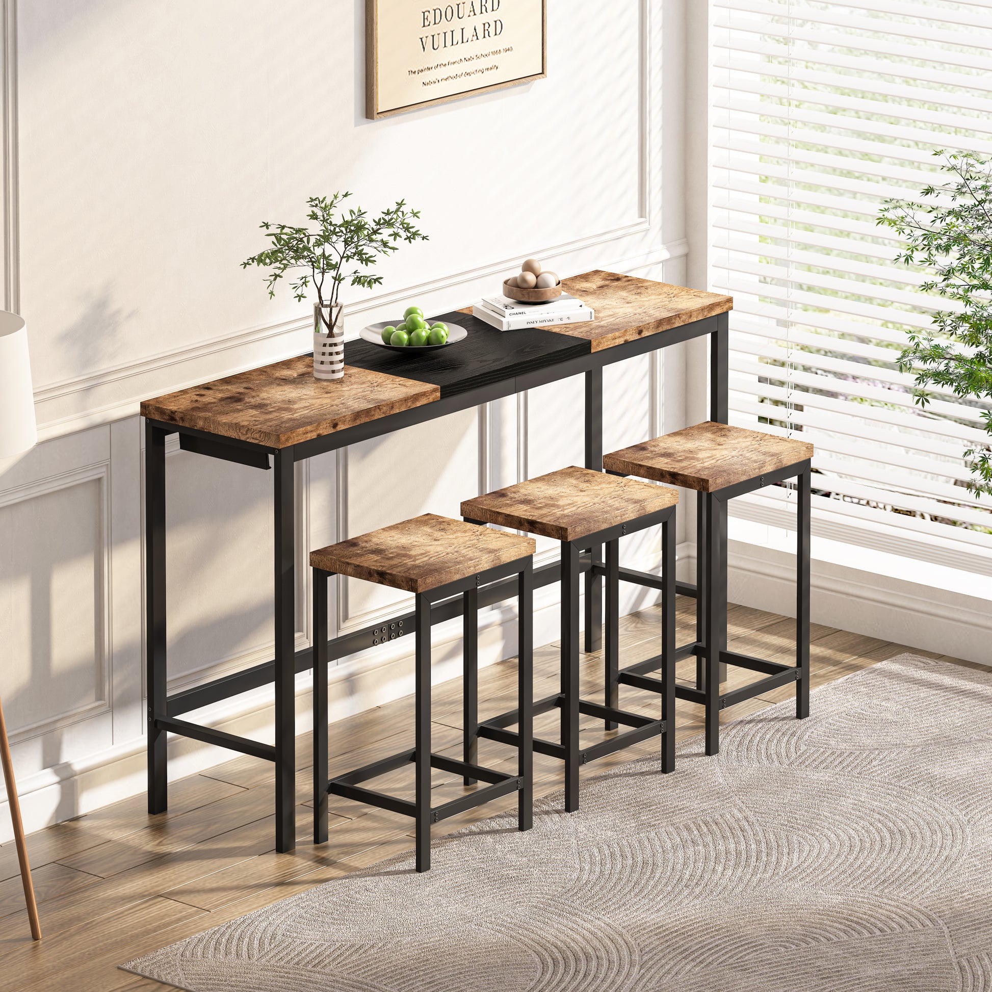 Modern Design Kitchen Dining Table, Pub Table, Long Dining Table Set With 3 Stools, Convenient Hanging Stool Design, Natural Black Natural Black Desk And Chair Set Mdf Metal