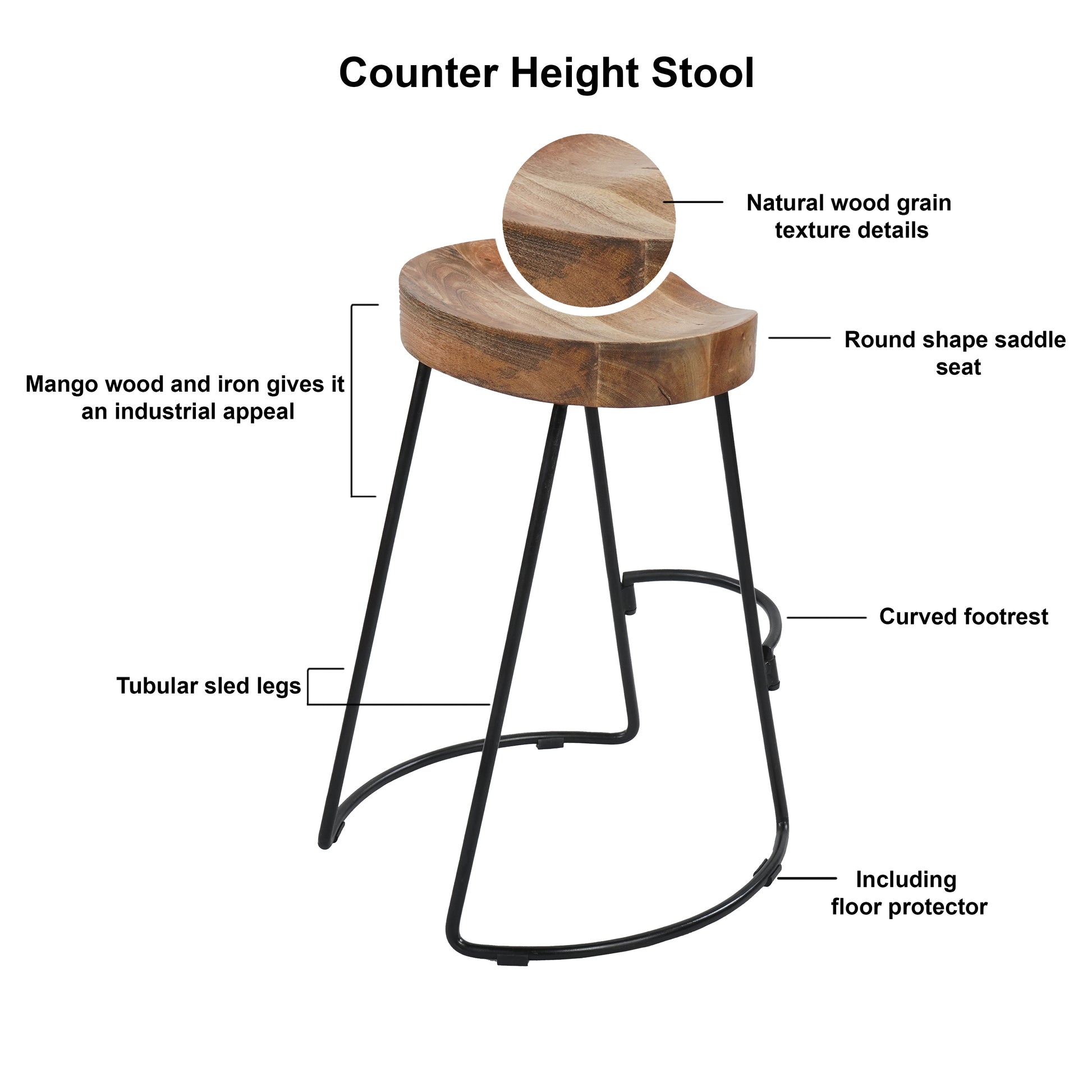 24 Inch Handcrafted Backless Barstool, Natural Brown Mango Wood Thick Saddle Seat, Black Iron Base Black Brown Metal & Wood