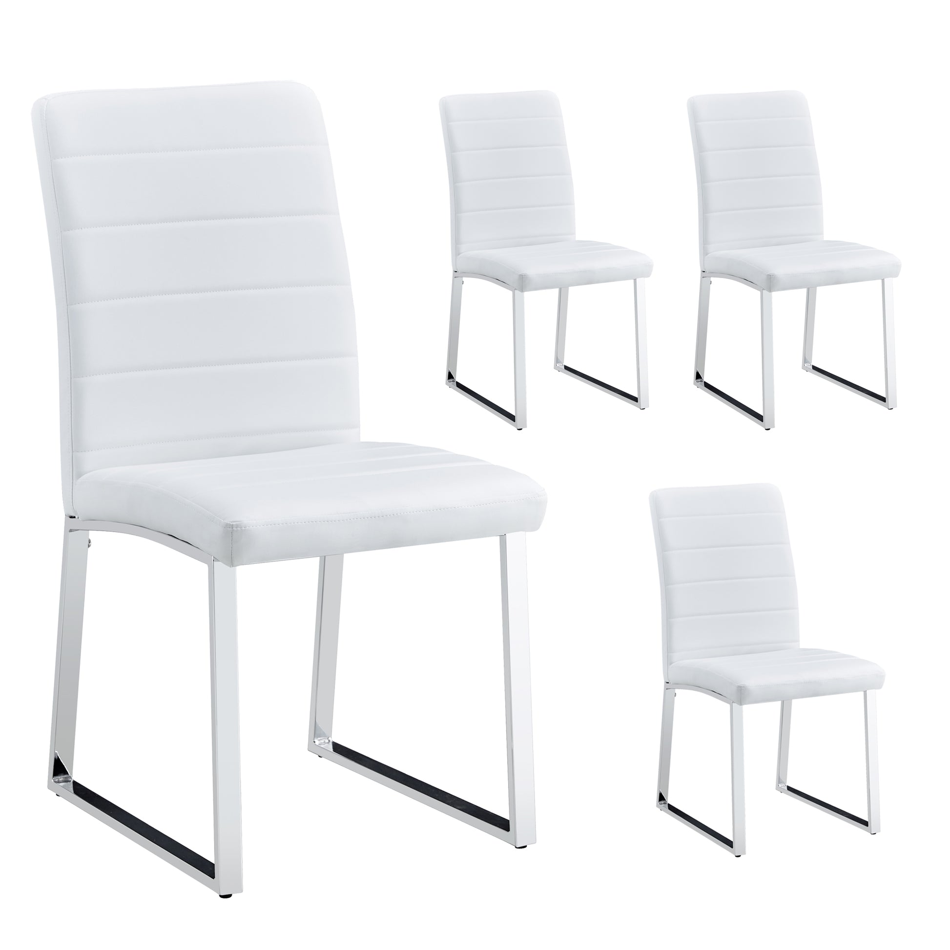 Set Of 4 Dining Chairs, White Dining Chair Set, Pu Material High Backrest Seats And Sturdy Leg Chairs, Suitable For Restaurants, Kitchens, Living Rooms White Pu