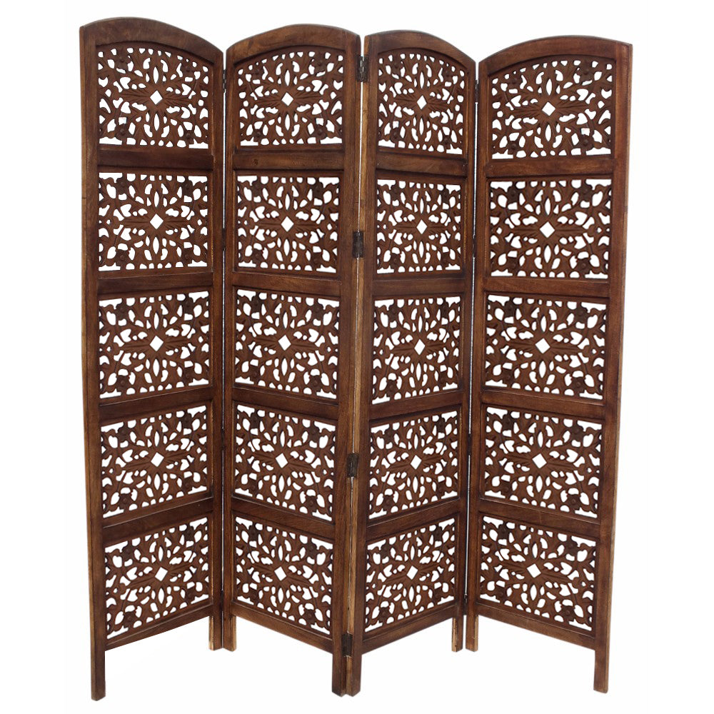 The Handmade Foldable 4 Panel Wooden Partition Screen Room Divider, Brown Dark Brown Solid Wood Mdf