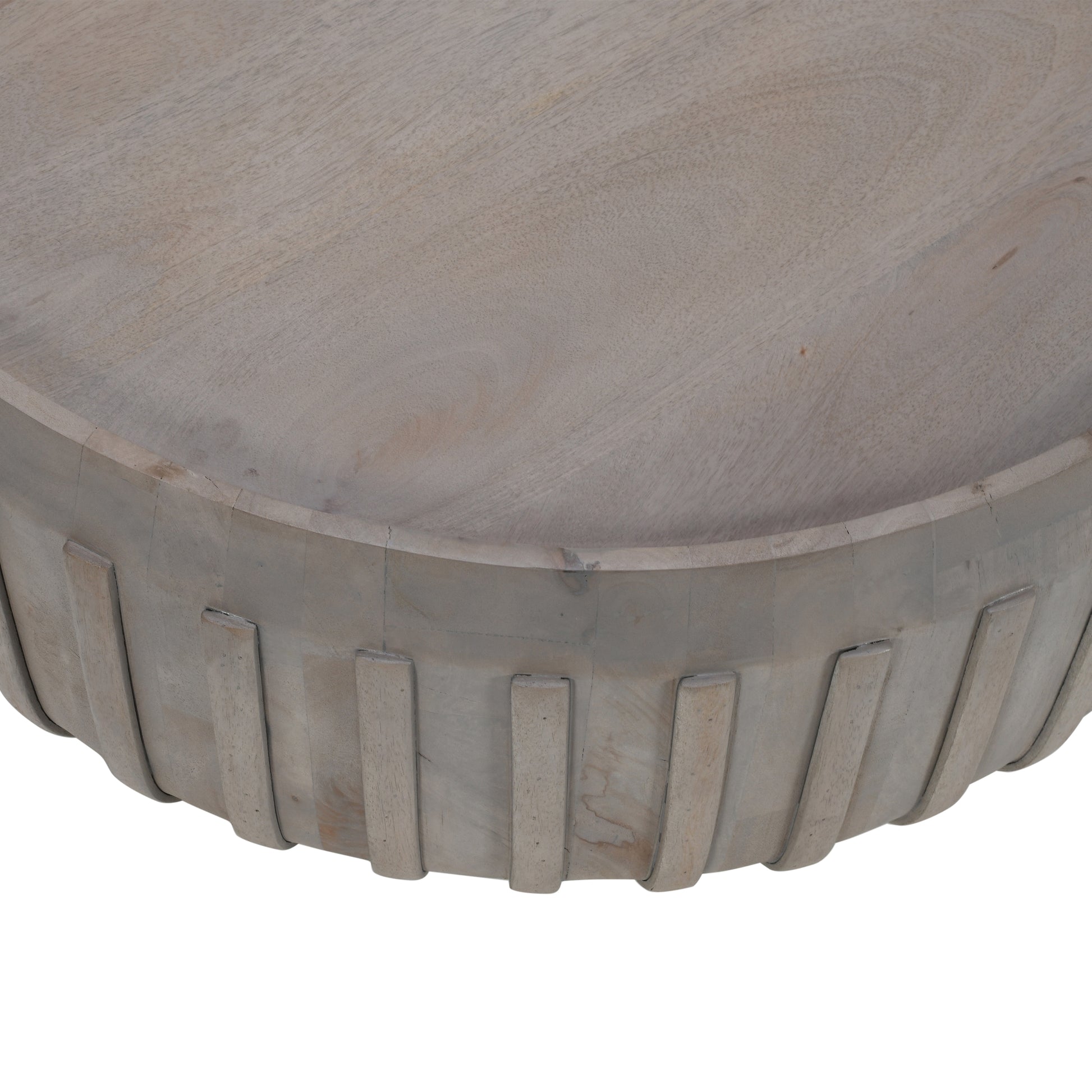 Alisha 36 Inch Coffee Table, Handcrafted Drum Shape With Ribbed Edges, Gray Mango Wood Gray Solid Wood