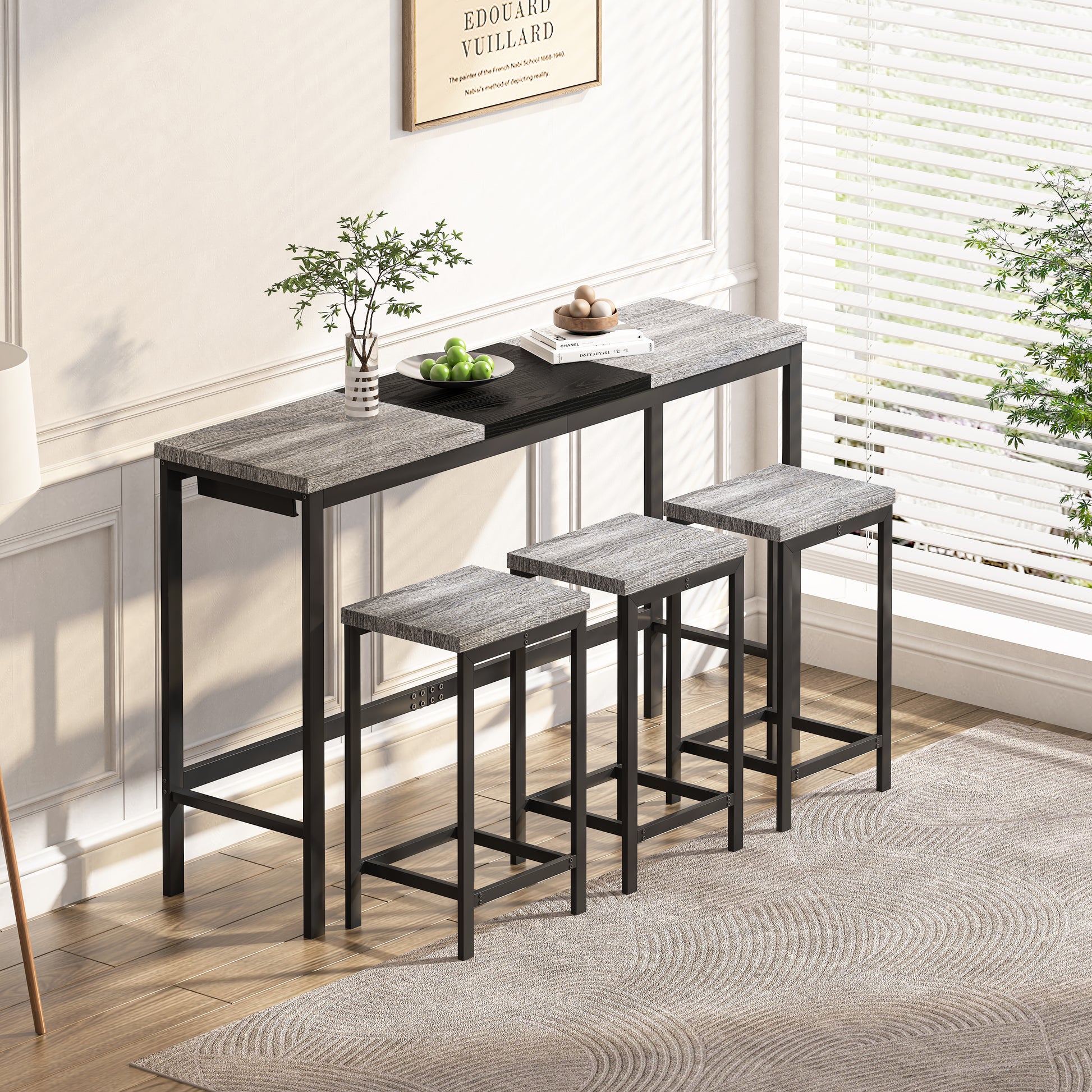 Modern Design Kitchen Dining Table, Pub Table, Long Dining Table Set With 3 Stools, Convenient Hanging Stool Design, Grey Black Grey Black Desk And Chair Set Mdf Metal