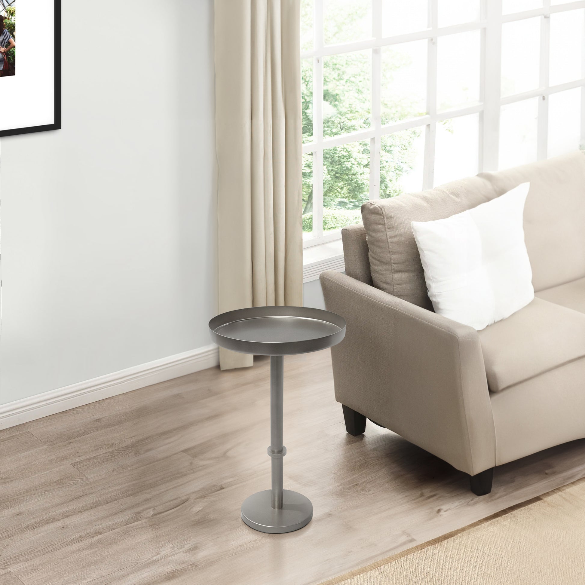 Ara 12 Inch Side End Table, Vintage Sleek Pillar Base, Round Tray Top, Matte Nickel Finish Antique Silver Iron