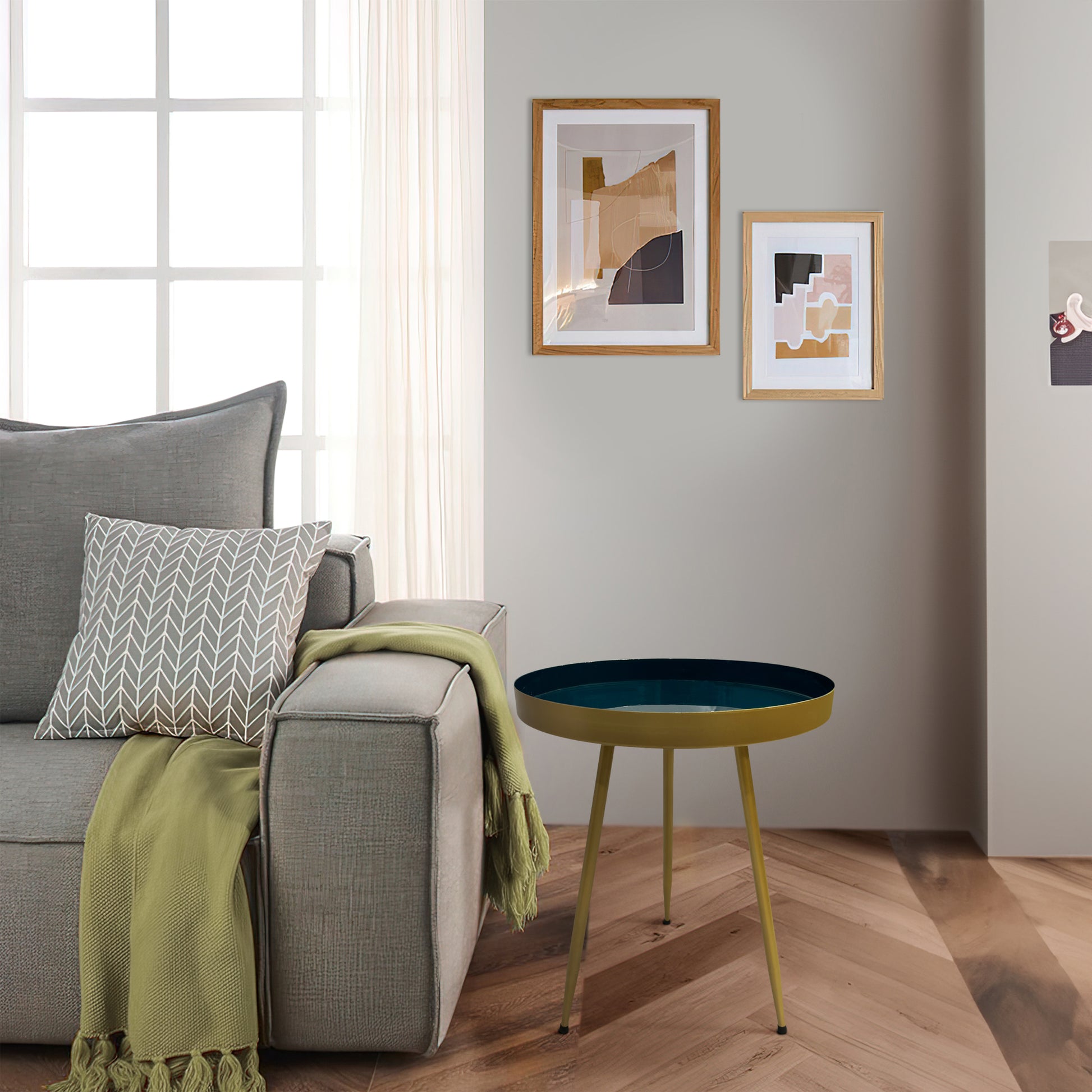 Enid 19 Inch Side End Table, Iron Brass Plating, Enamel Blue Top, Modern Sleek Angled Legs Blue Iron