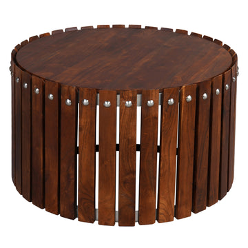 Myla 31 Inch Handcrafted Round Coffee Table With Vertical Planks, Iron Rivets, Dark Walnut Brown Acacia Wood Brown Metal & Wood