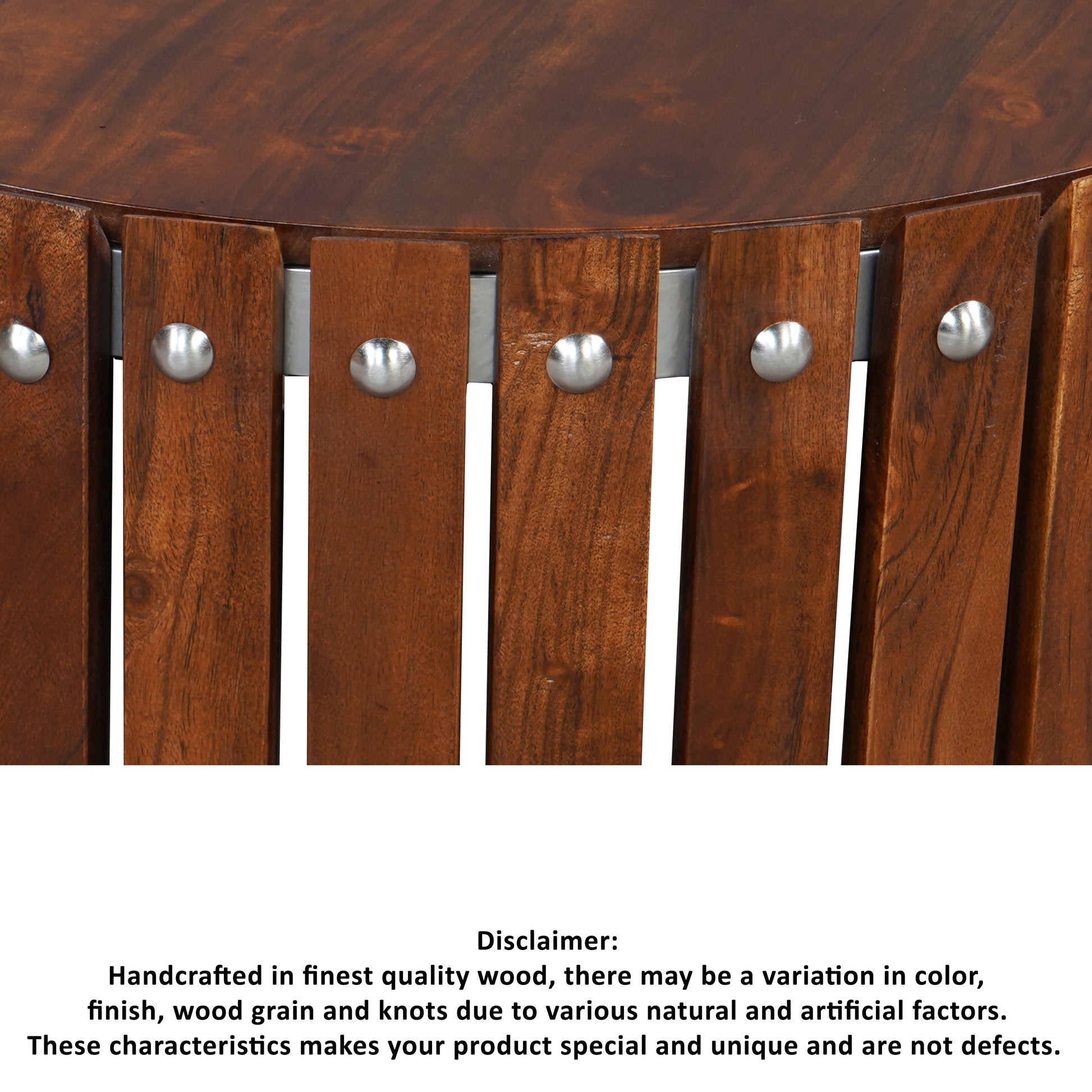 Myla 31 Inch Handcrafted Round Coffee Table With Vertical Planks, Iron Rivets, Dark Walnut Brown Acacia Wood Brown Metal & Wood