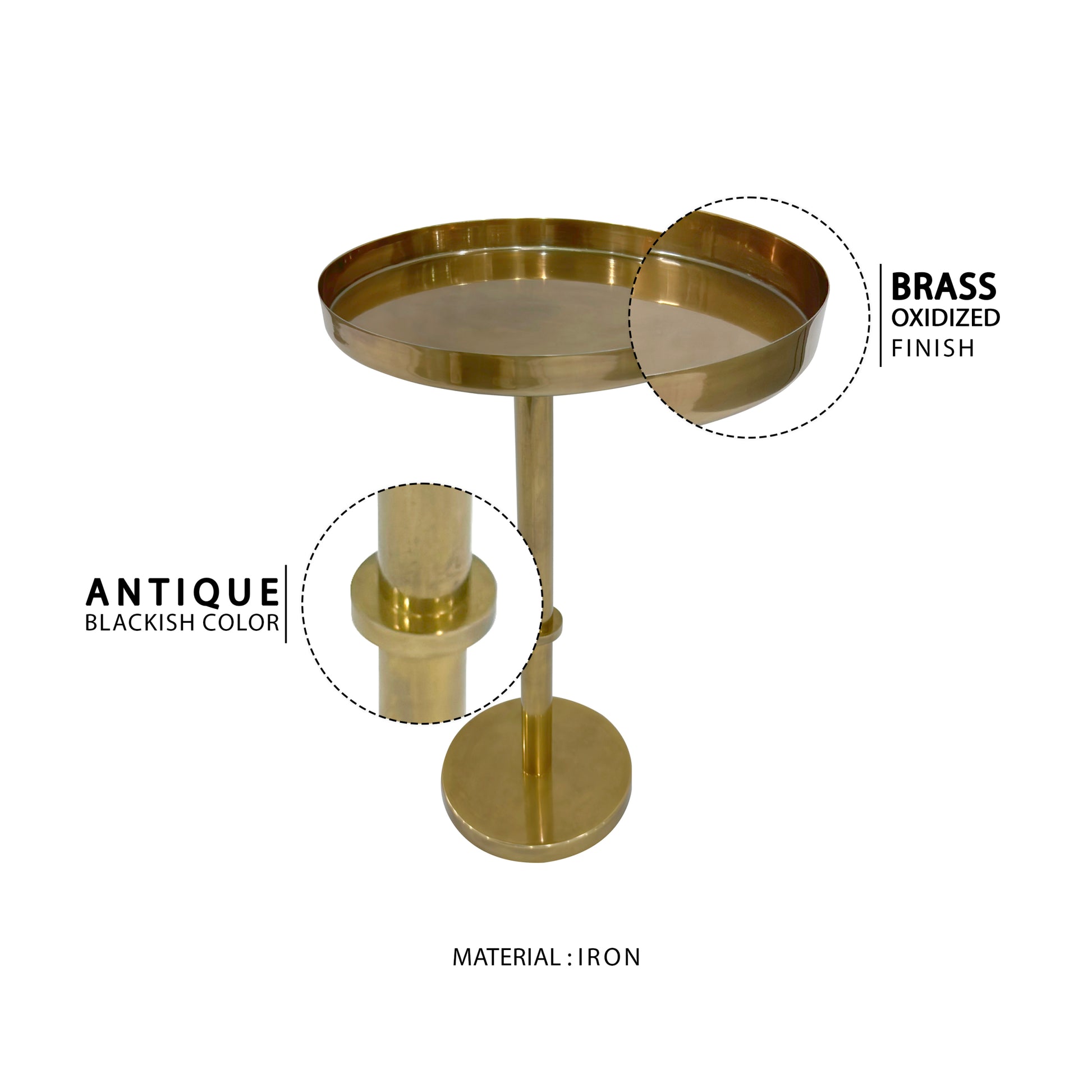 Ara 12 Inch Side End Table, Vintage Sleek Pillar Base, Round Tray Top, Oxidized Antique Brass Antique Brass Iron