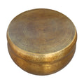 32 Inch Artisanal Round Drum Coffee Table, Hammered Embossed Texturing, Aluminum, Antique Brass Antique Brass Metal