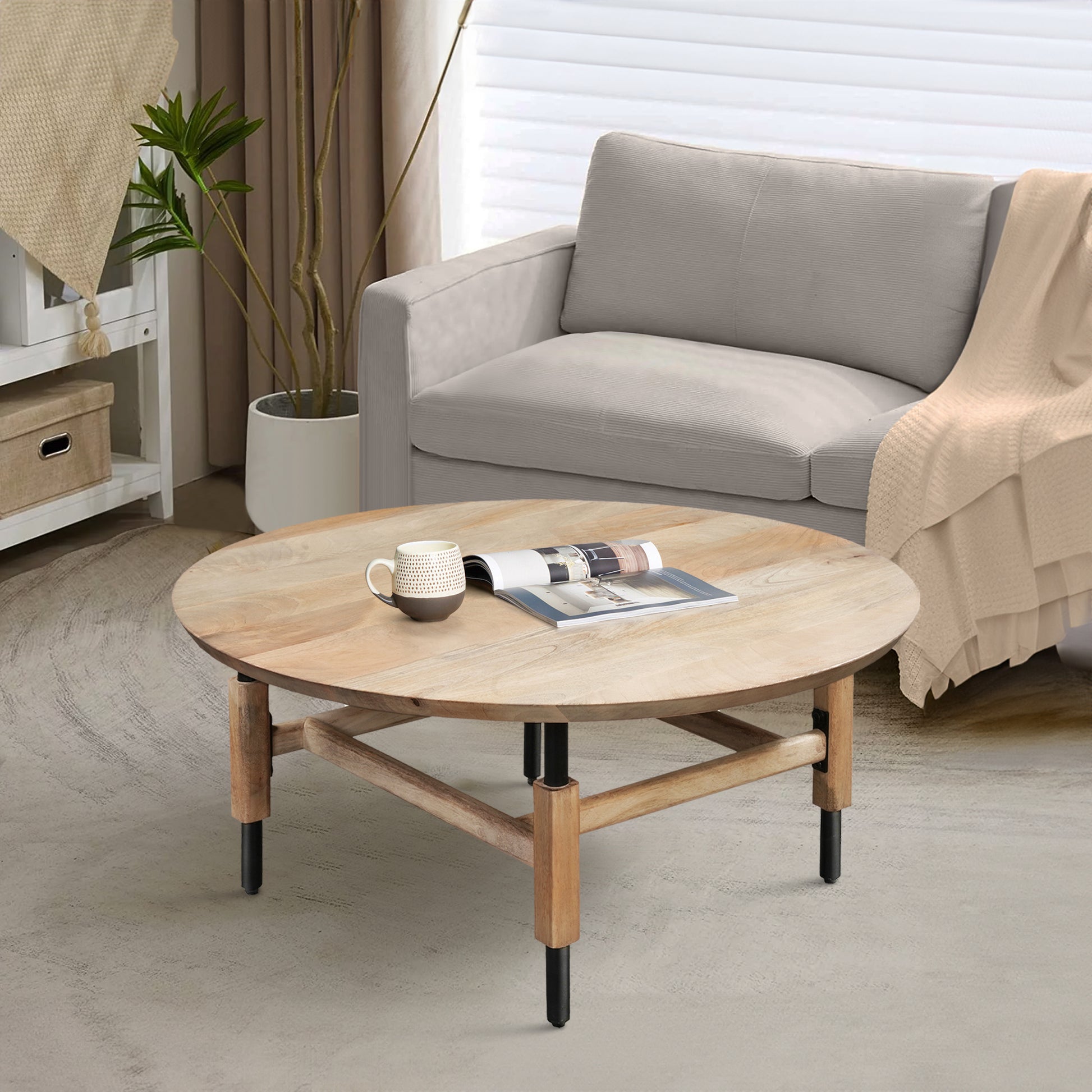 34 Inch Round Coffee Table, Handcrafted Natural Brown Mango Wood With Black Iron Legs Black Brown Metal & Wood