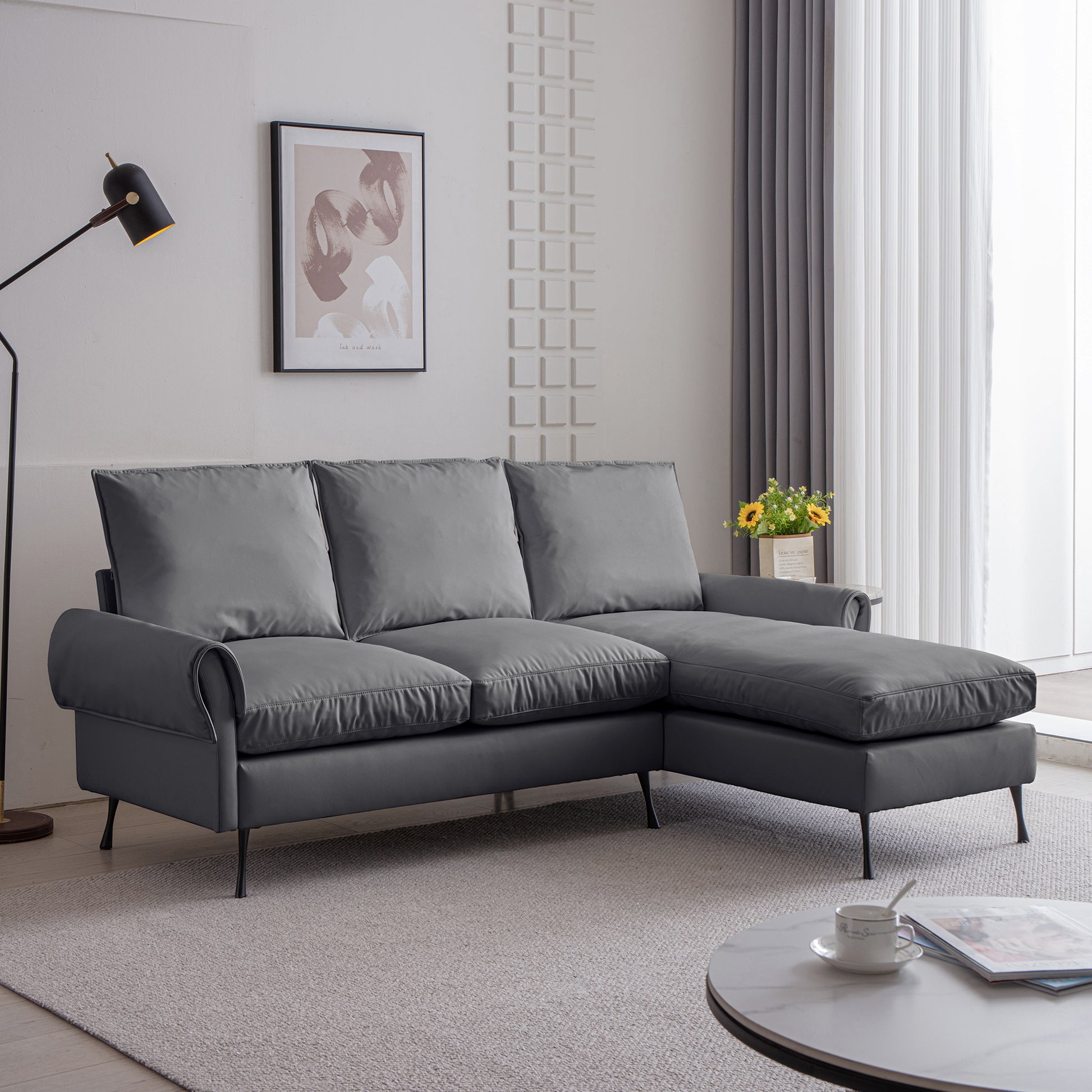 81"Modern Sectional Technical Leather L Shaped Sofa Couch With Reversible Chaise Lounge Dark Grey Modern Foam Technical Leather