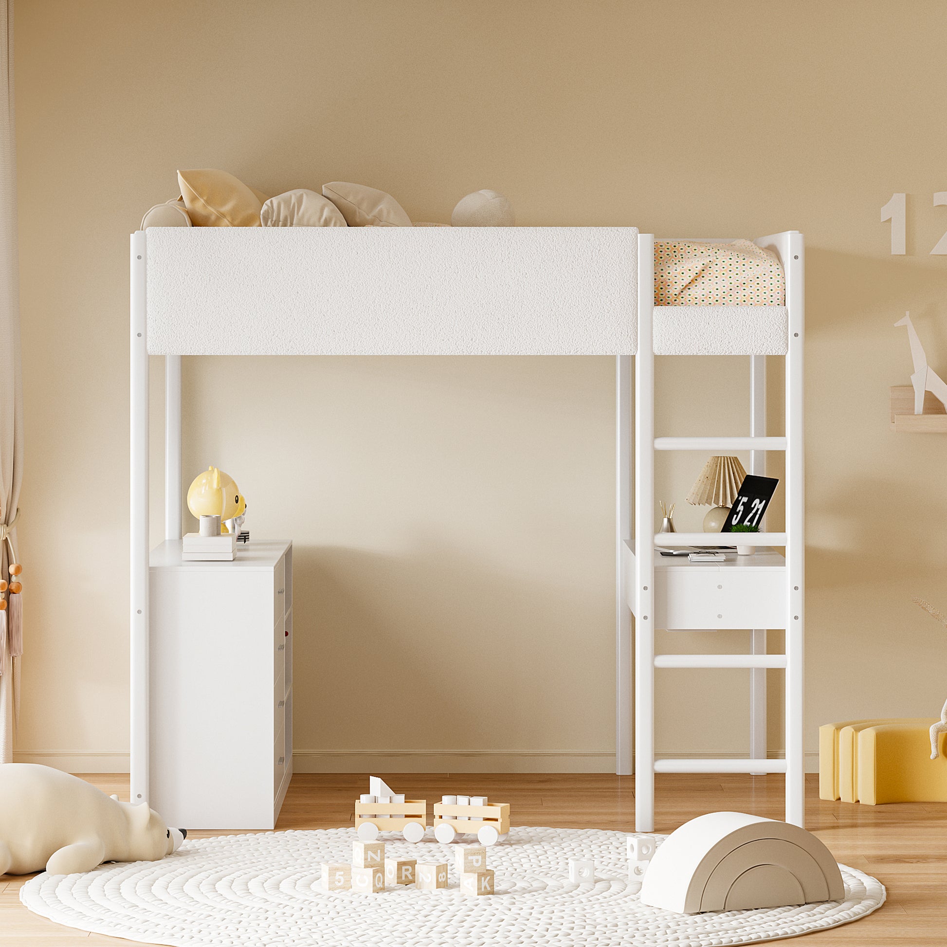 Full Size Teddy Fleeceloft Bed Wood Bed, White Full White Fleece