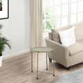 18 Inch Modern Side End Table, Round Metal Tray Top, Foldable Legs, Beige Beige Iron