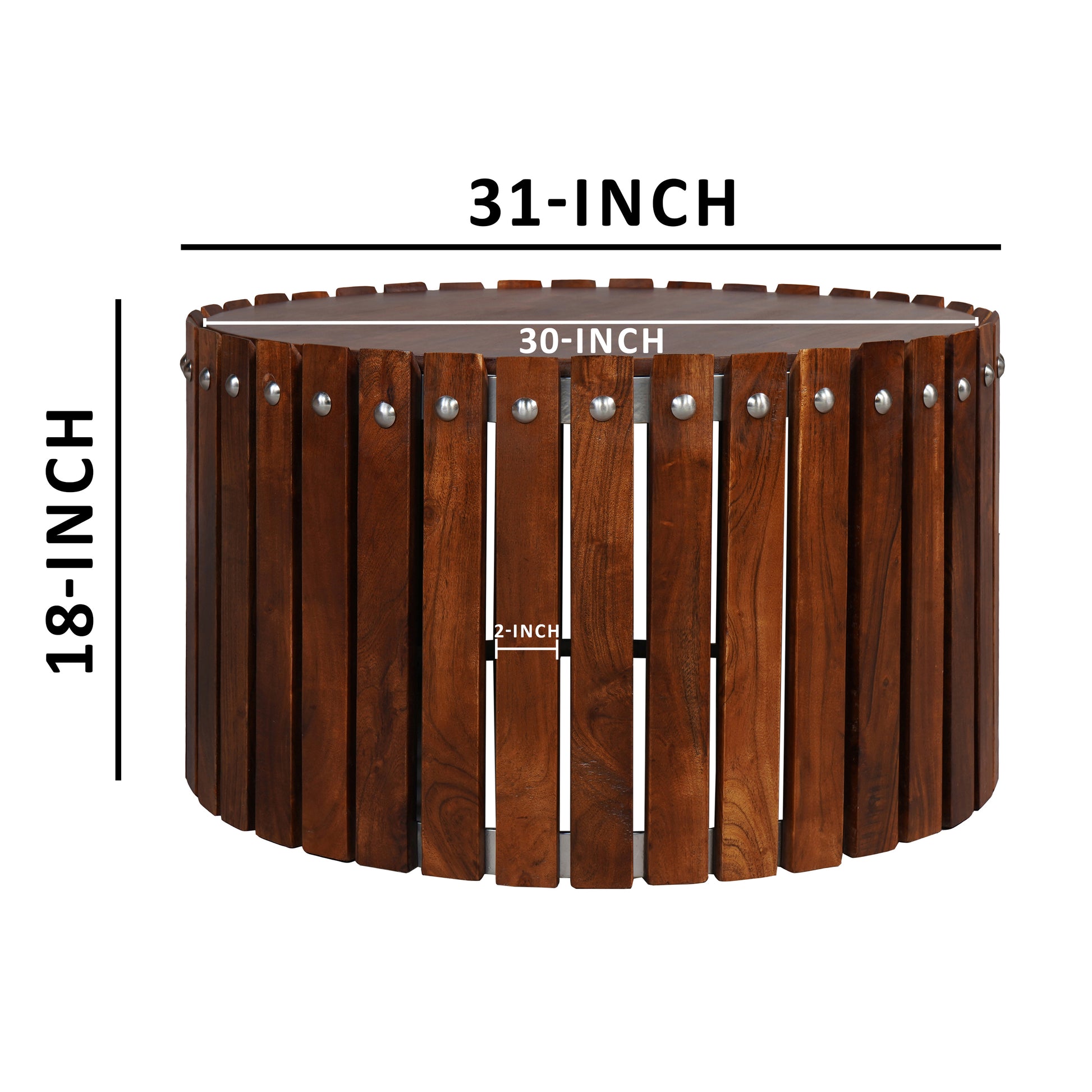 Myla 31 Inch Handcrafted Round Coffee Table With Vertical Planks, Iron Rivets, Dark Walnut Brown Acacia Wood Brown Metal & Wood