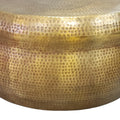 32 Inch Artisanal Round Drum Coffee Table, Hammered Embossed Texturing, Aluminum, Antique Brass Antique Brass Metal